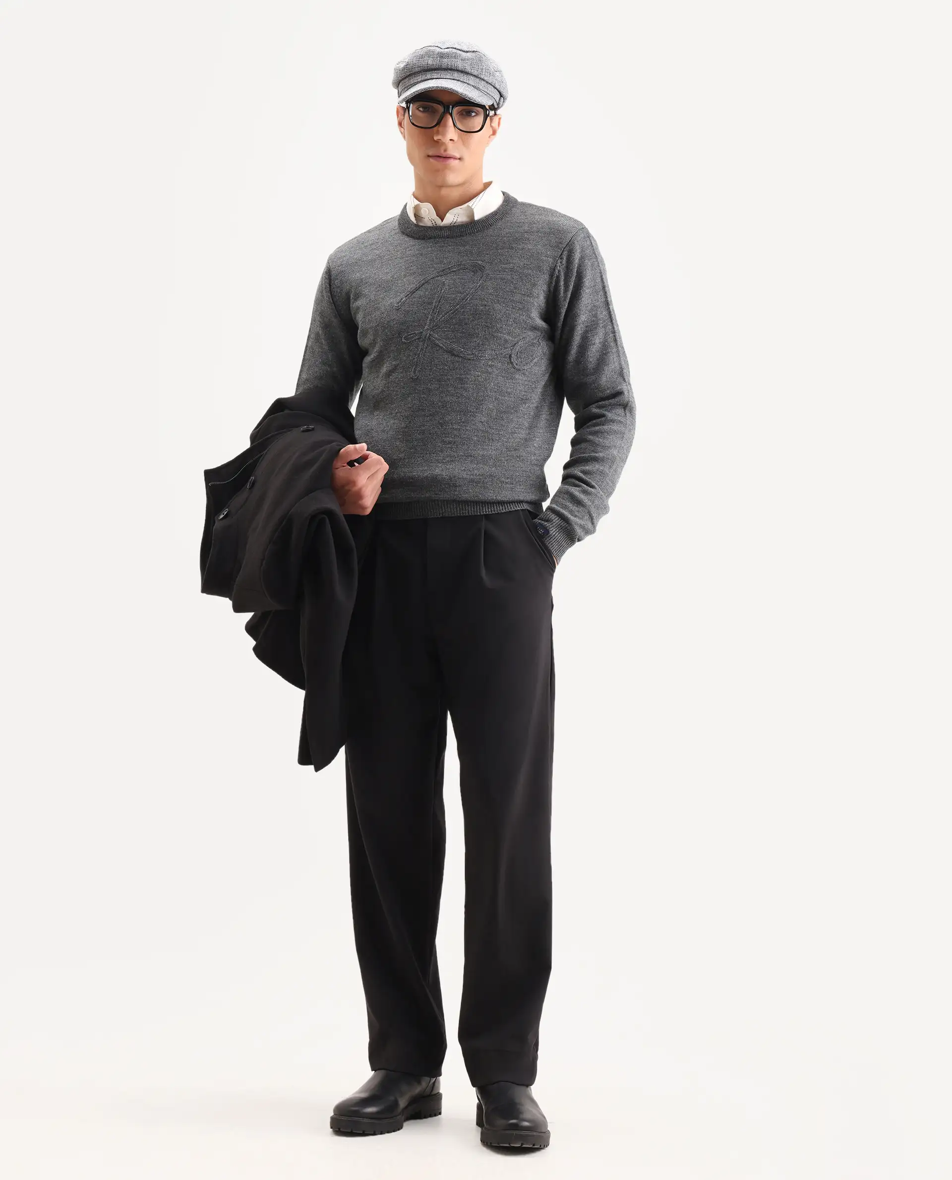 Rare Rabbit Men's Saturno Dusky Grey Acrylic Embroidered Regular Fit Full Sleeve Crew Neck Sweater - Image 2