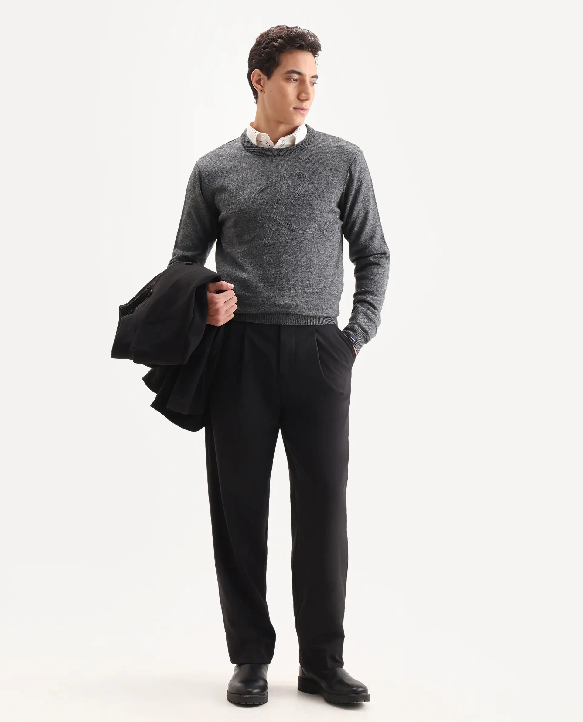 Rare Rabbit Men's Saturno Dusky Grey Acrylic Embroidered Regular Fit Full Sleeve Crew Neck Sweater - Image 3