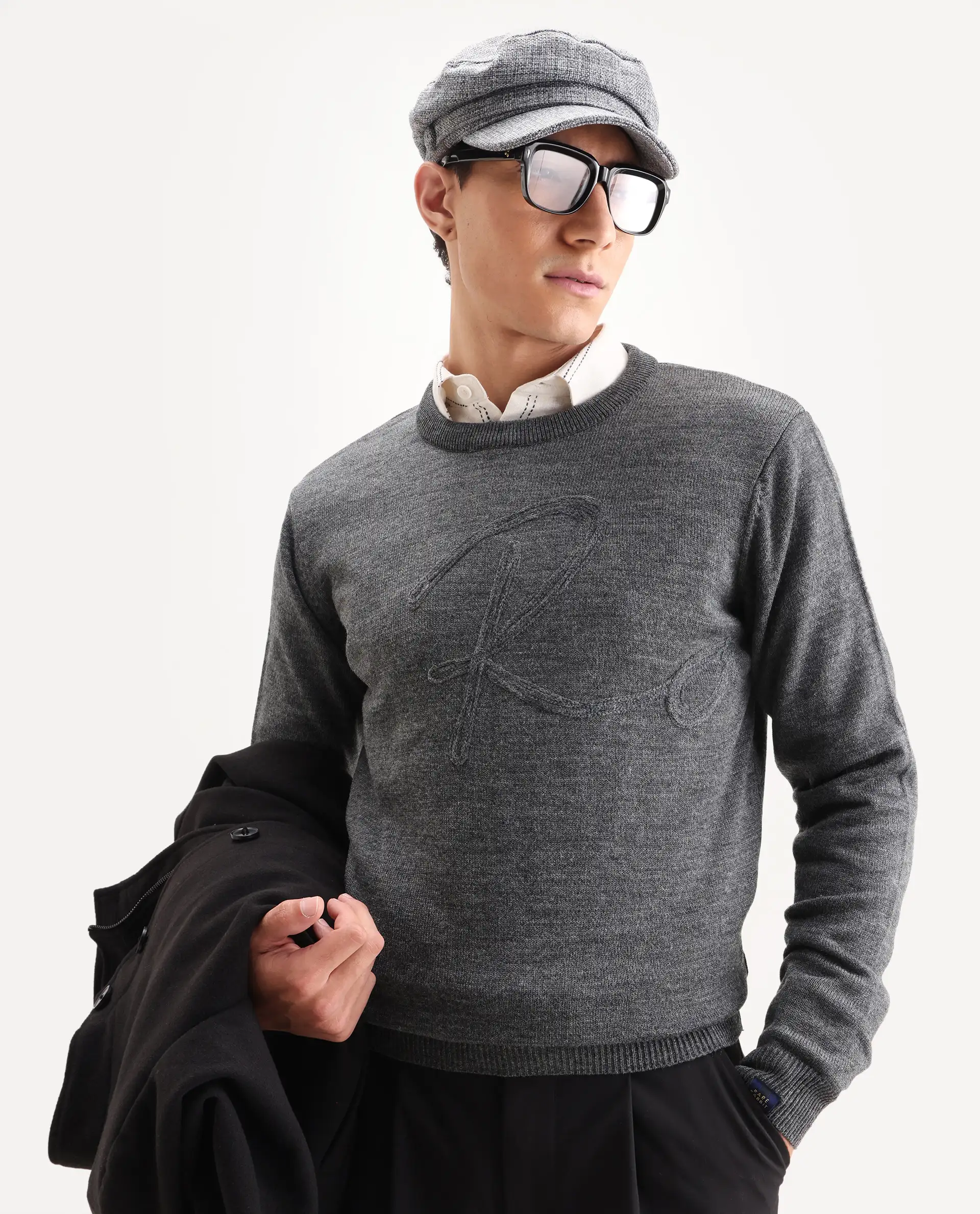 Rare Rabbit Men's Saturno Dusky Grey Acrylic Embroidered Regular Fit Full Sleeve Crew Neck Sweater - Image 4