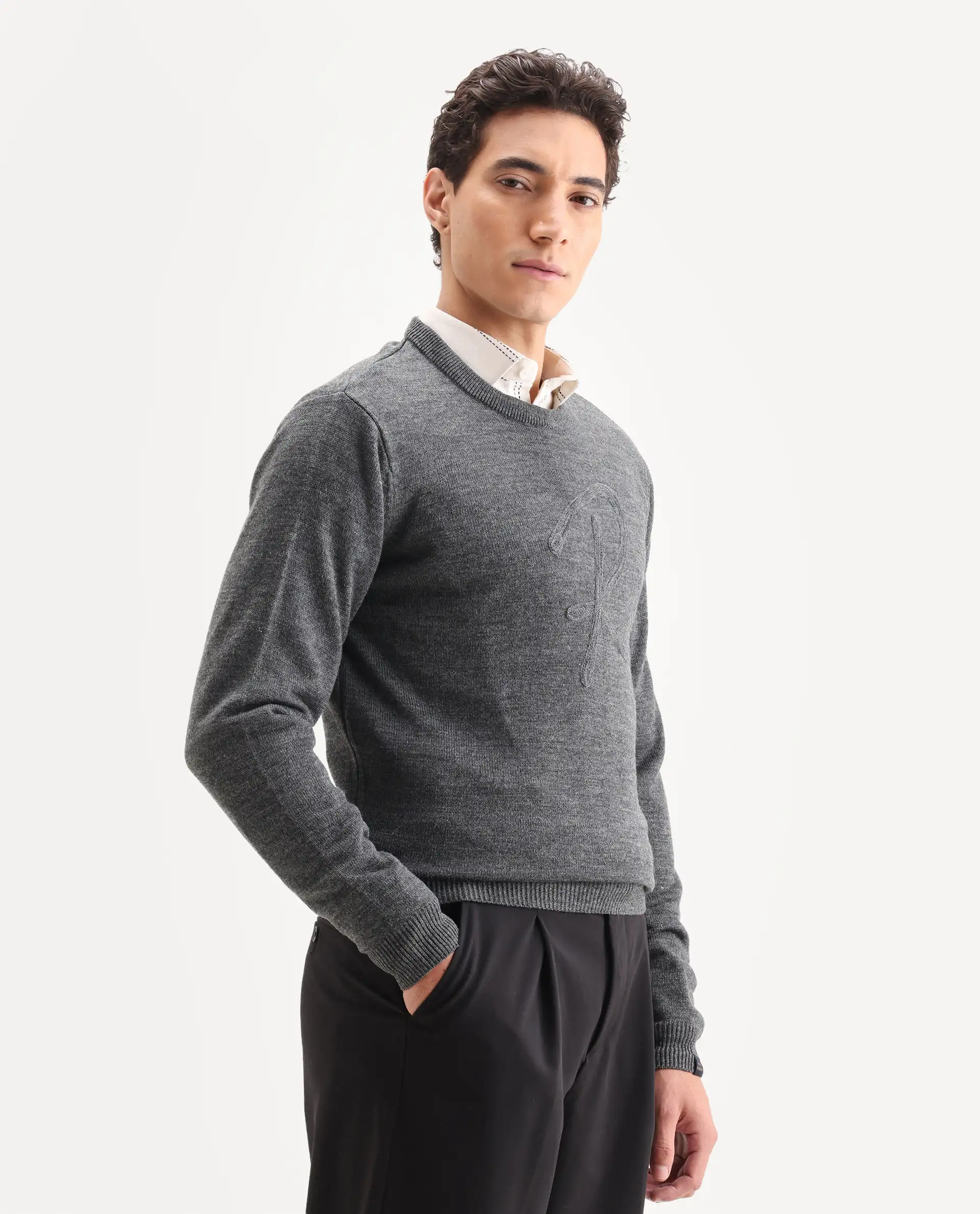 Rare Rabbit Men's Saturno Dusky Grey Acrylic Embroidered Regular Fit Full Sleeve Crew Neck Sweater - Image 8