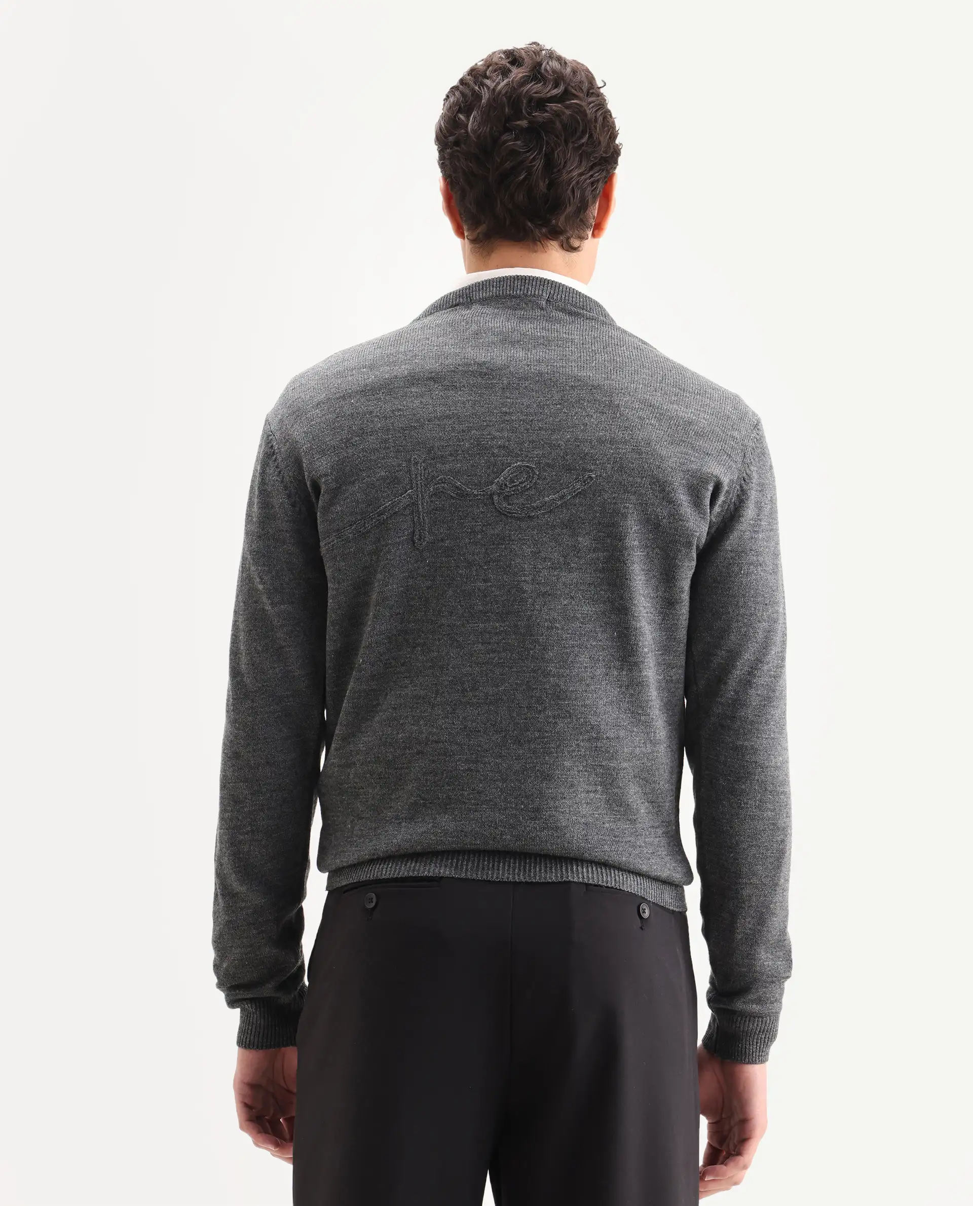 Rare Rabbit Men's Saturno Dusky Grey Acrylic Embroidered Regular Fit Full Sleeve Crew Neck Sweater - Image 9