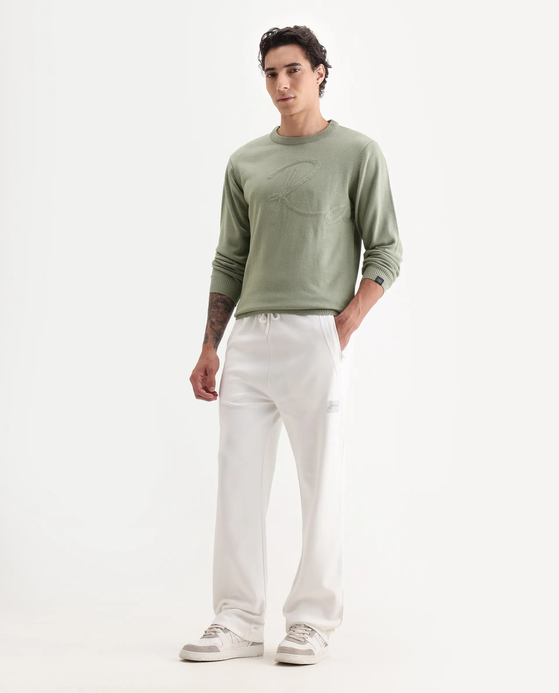 Rare Rabbit Men's Saturno Light Olive Acrylic Embroidered Regular Fit Full Sleeve Crew Neck Sweater - Image 2