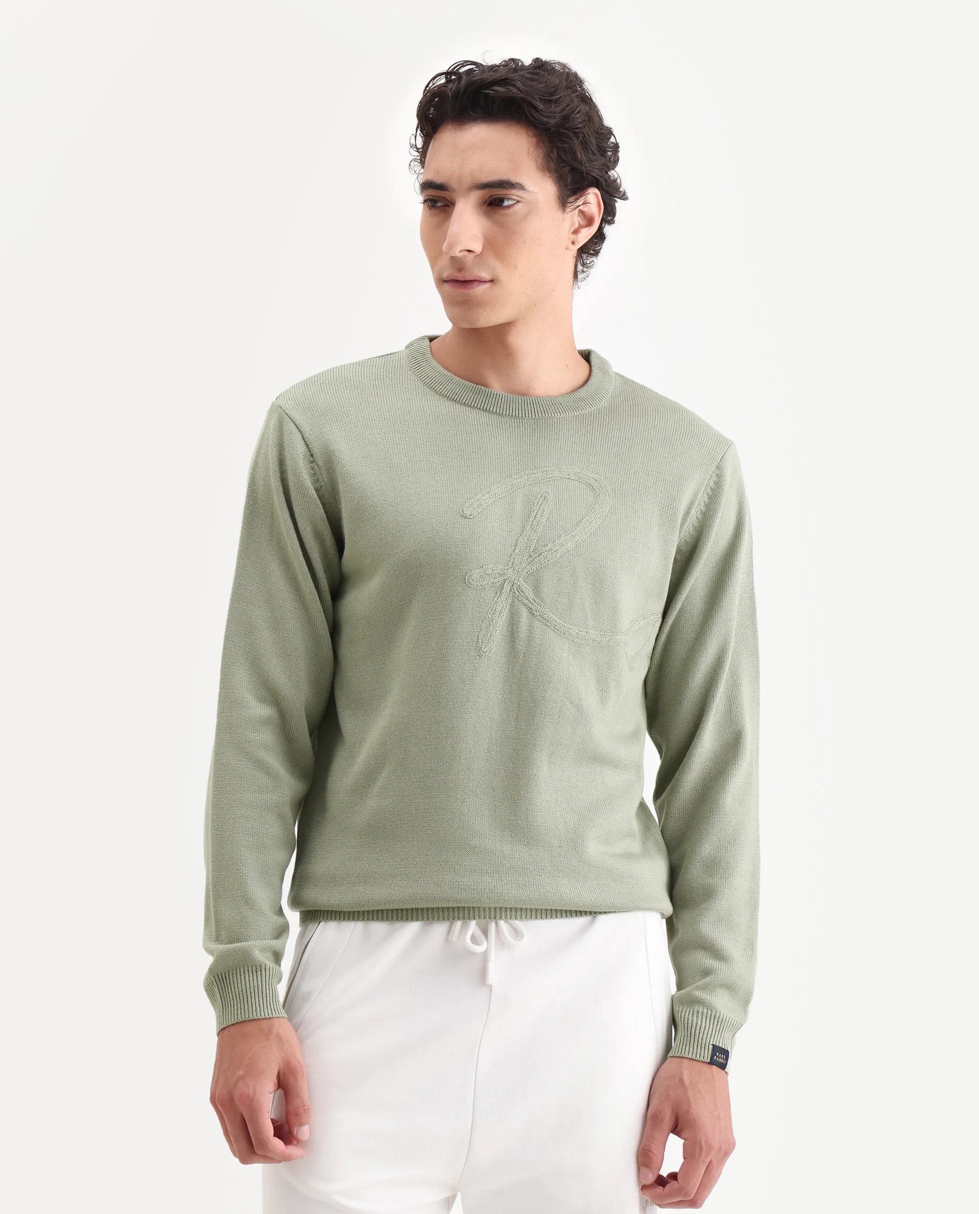 Rare Rabbit Men's Saturno Light Olive Acrylic Embroidered Regular Fit Full Sleeve Crew Neck Sweater - Image 4