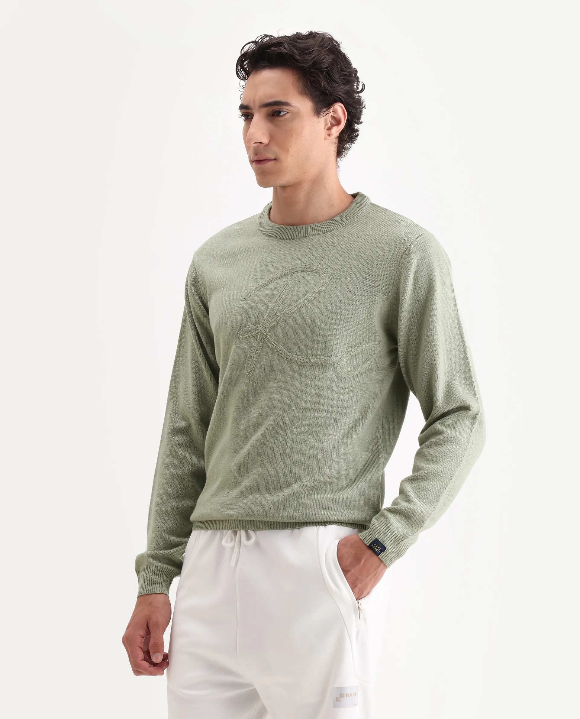 Rare Rabbit Men's Saturno Light Olive Acrylic Embroidered Regular Fit Full Sleeve Crew Neck Sweater - Image 5