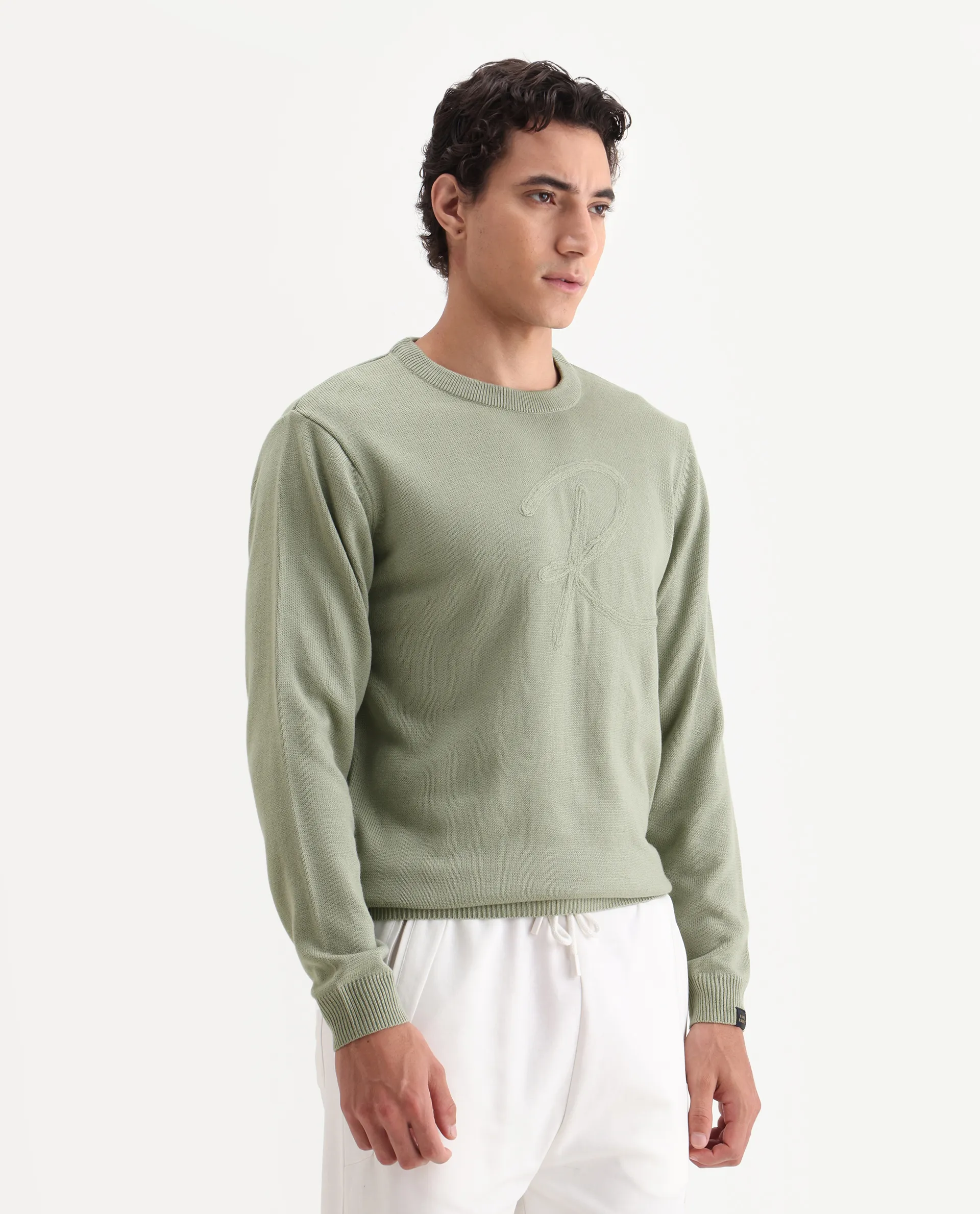 Rare Rabbit Men's Saturno Light Olive Acrylic Embroidered Regular Fit Full Sleeve Crew Neck Sweater - Image 6