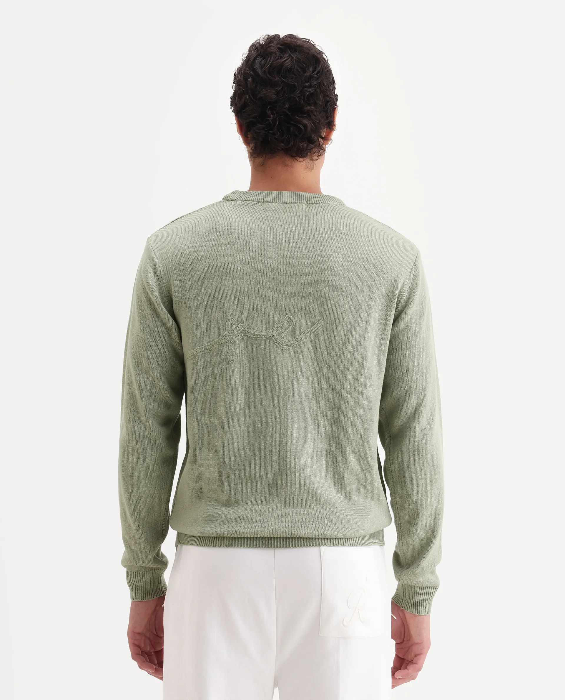 Rare Rabbit Men's Saturno Light Olive Acrylic Embroidered Regular Fit Full Sleeve Crew Neck Sweater - Image 7