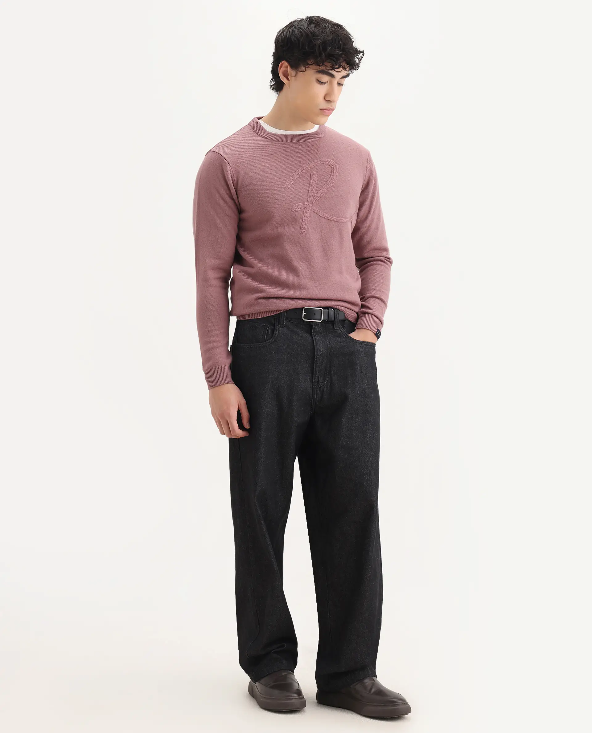 Rare Rabbit Men's Saturno Pink Acrylic Embroidered Regular Fit Full Sleeve Crew Neck Sweater - Image 2