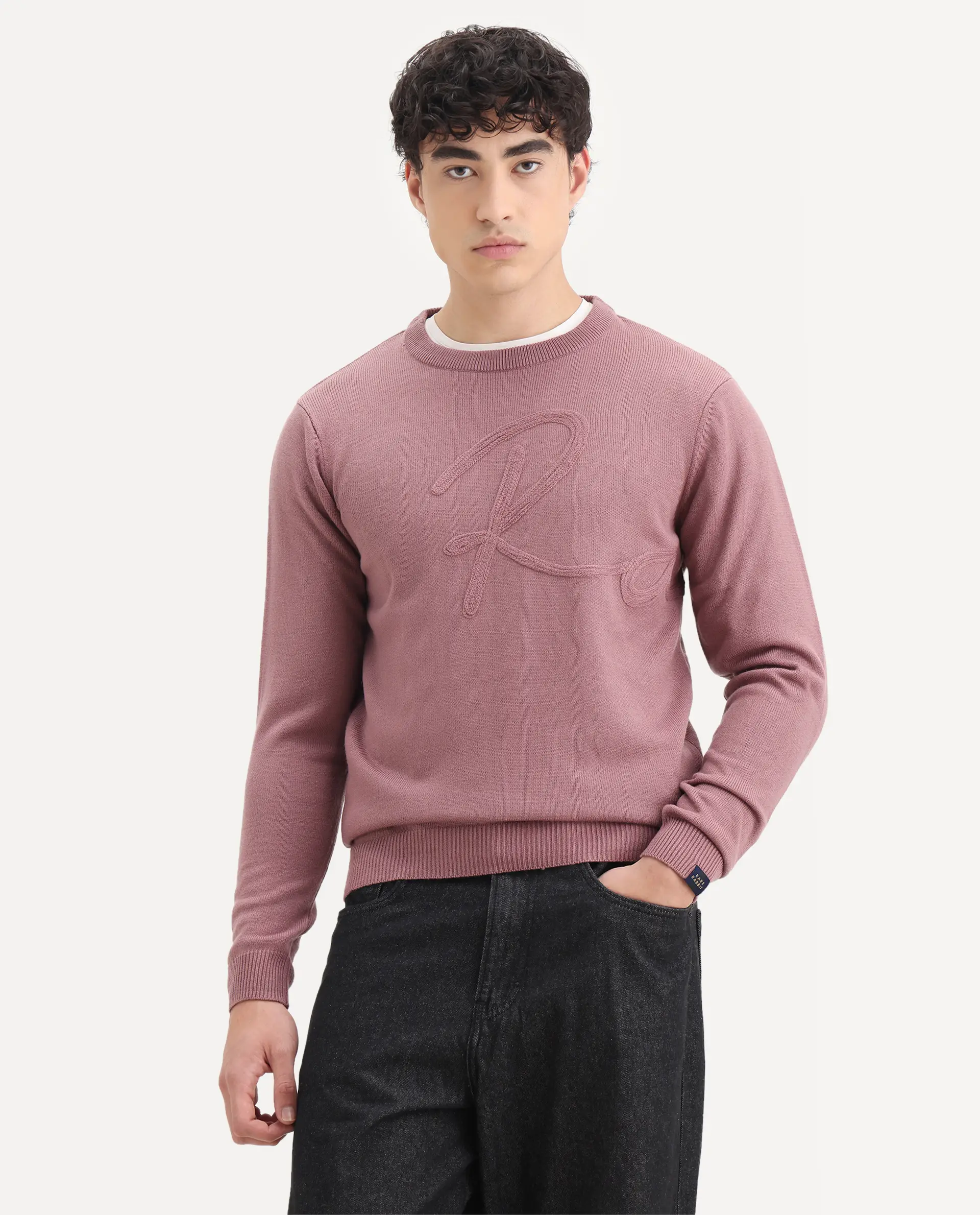 Rare Rabbit Men's Saturno Pink Acrylic Embroidered Regular Fit Full Sleeve Crew Neck Sweater - Image 4