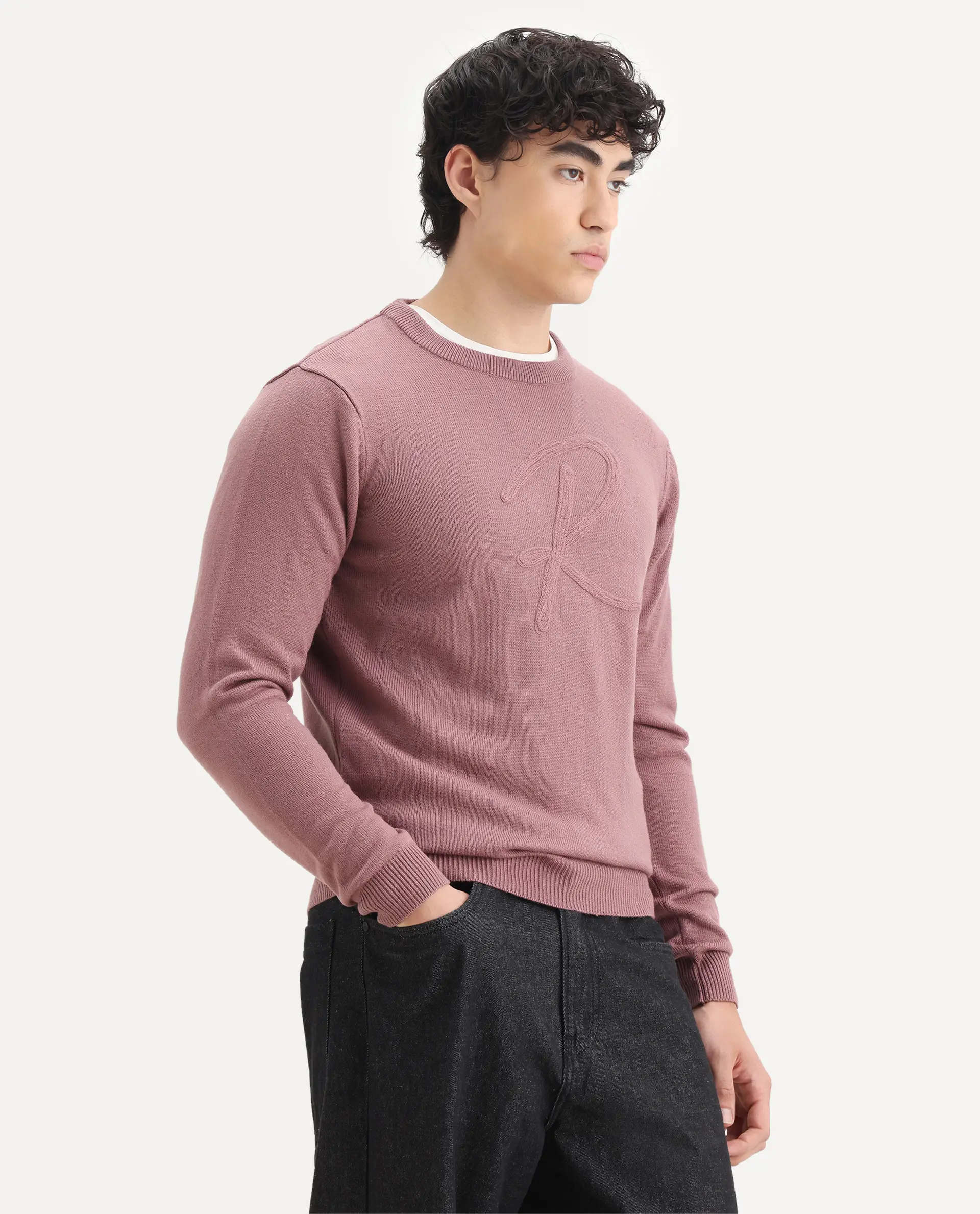 Rare Rabbit Men's Saturno Pink Acrylic Embroidered Regular Fit Full Sleeve Crew Neck Sweater - Image 6
