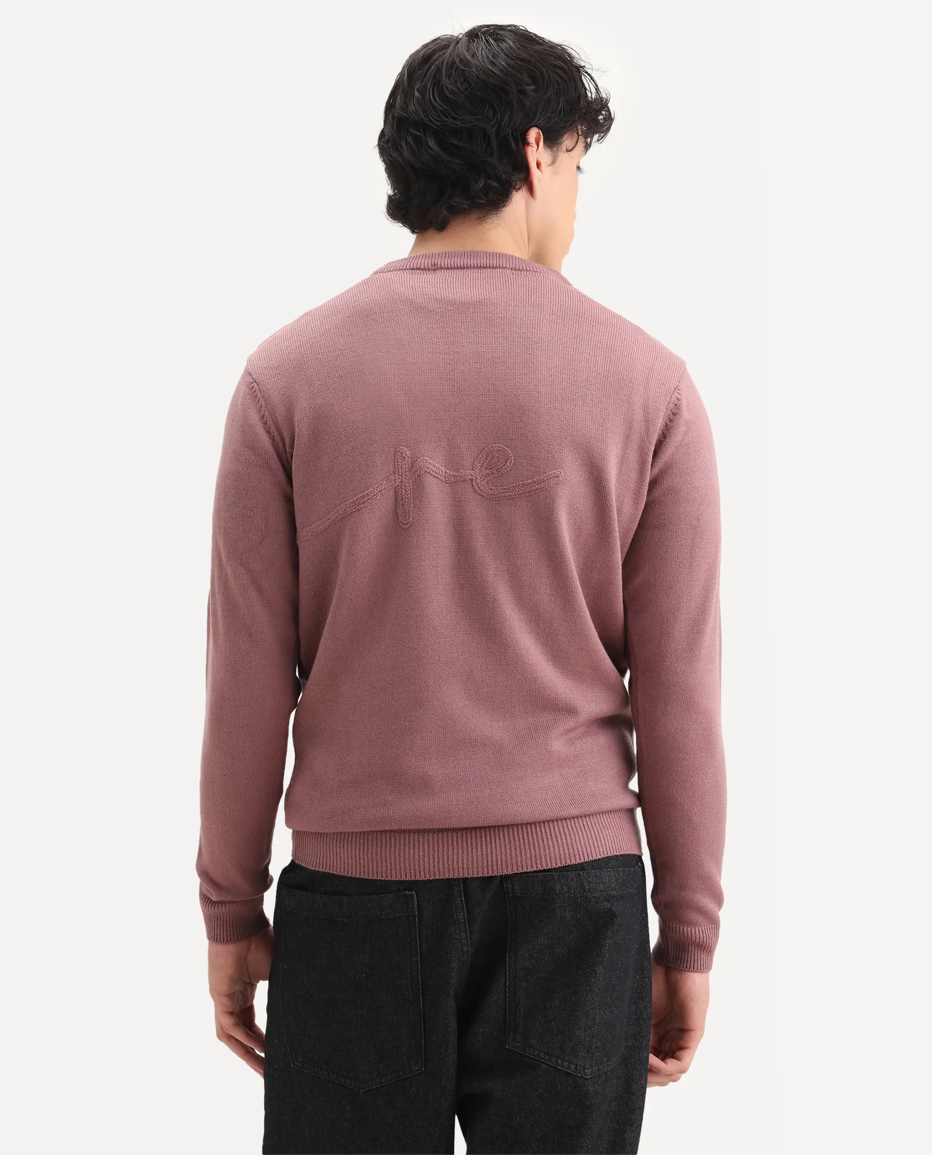 Rare Rabbit Men's Saturno Pink Acrylic Embroidered Regular Fit Full Sleeve Crew Neck Sweater - Image 7