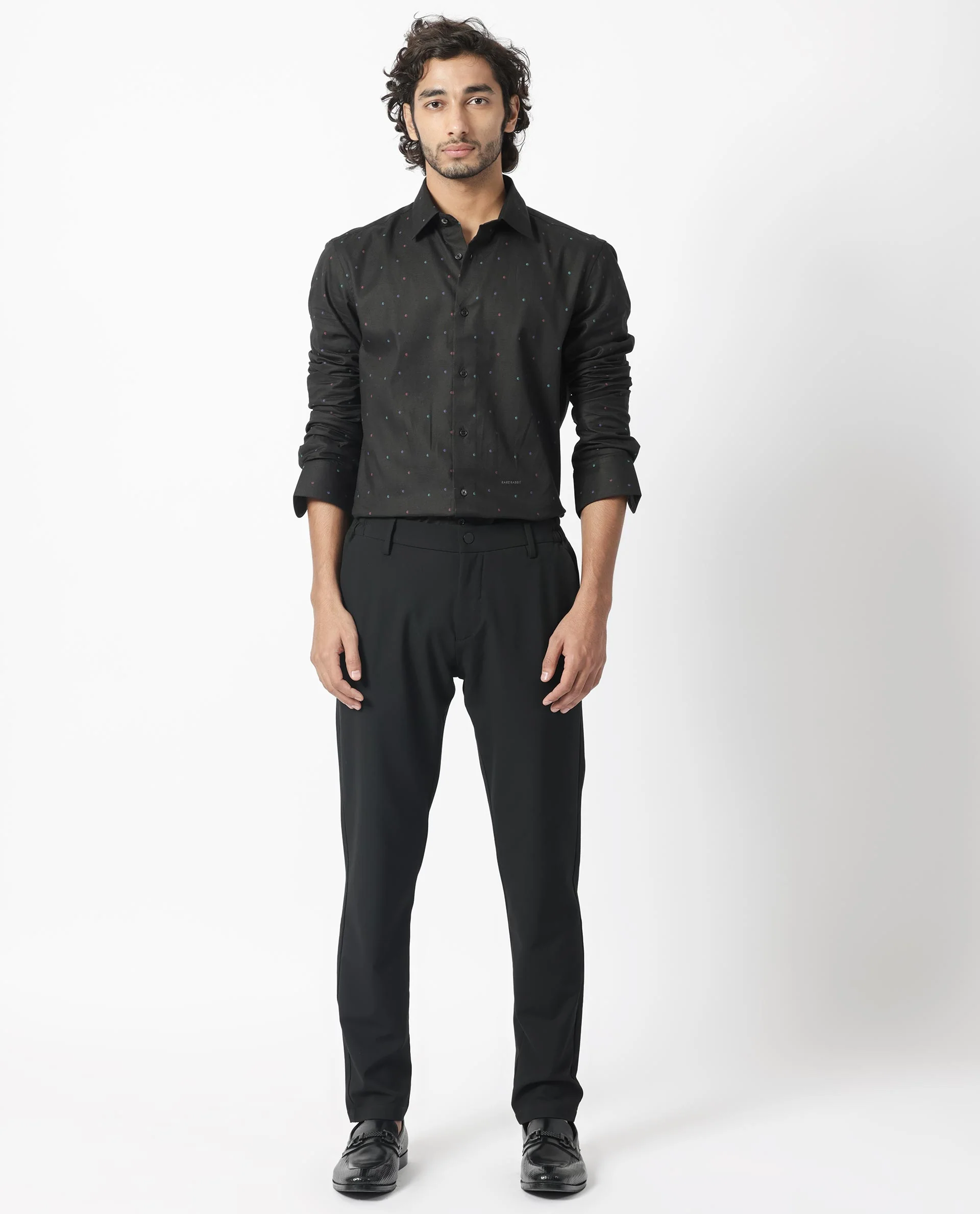 Rare Rabbit Men's Saturns Black Cotton Polka Print Regular Fit Full Sleeve Collared Shirt - Image 2