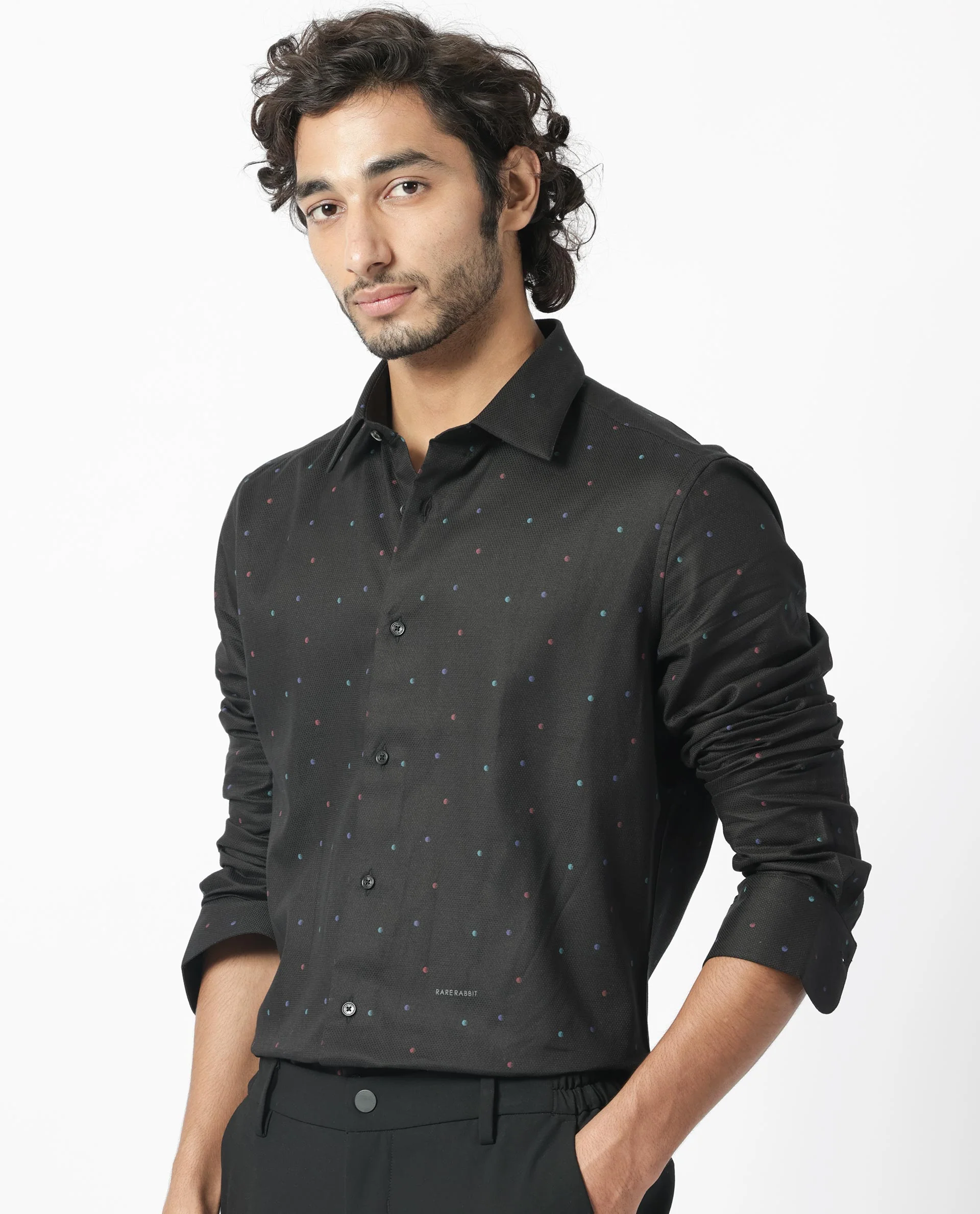 Rare Rabbit Men's Saturns Black Cotton Polka Print Regular Fit Full Sleeve Collared Shirt - Image 3