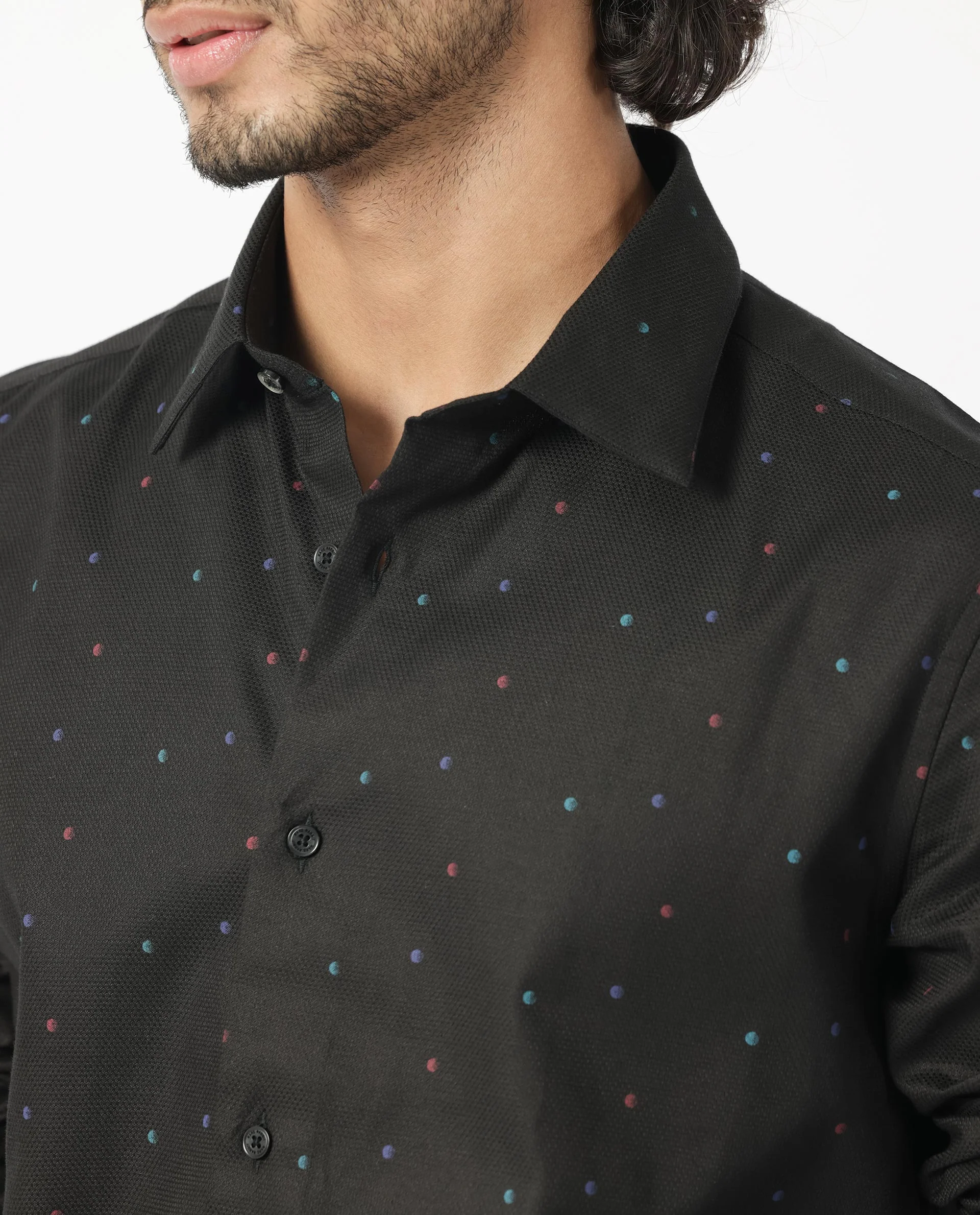 Rare Rabbit Men's Saturns Black Cotton Polka Print Regular Fit Full Sleeve Collared Shirt - Image 5