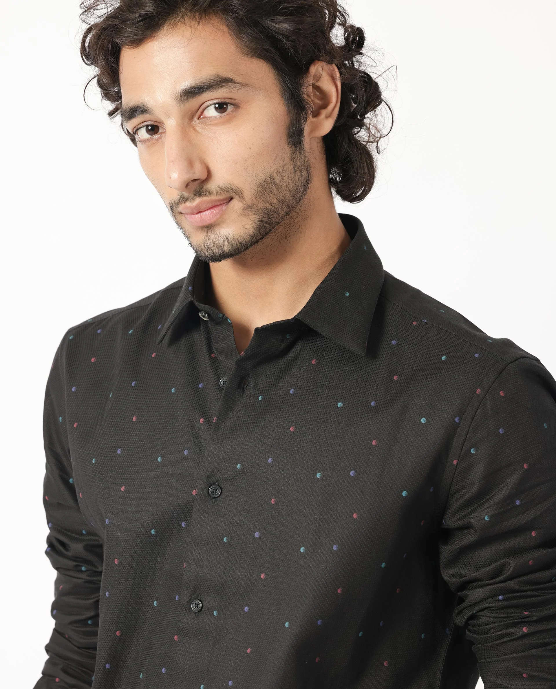 Rare Rabbit Men's Saturns Black Cotton Polka Print Regular Fit Full Sleeve Collared Shirt - Image 6