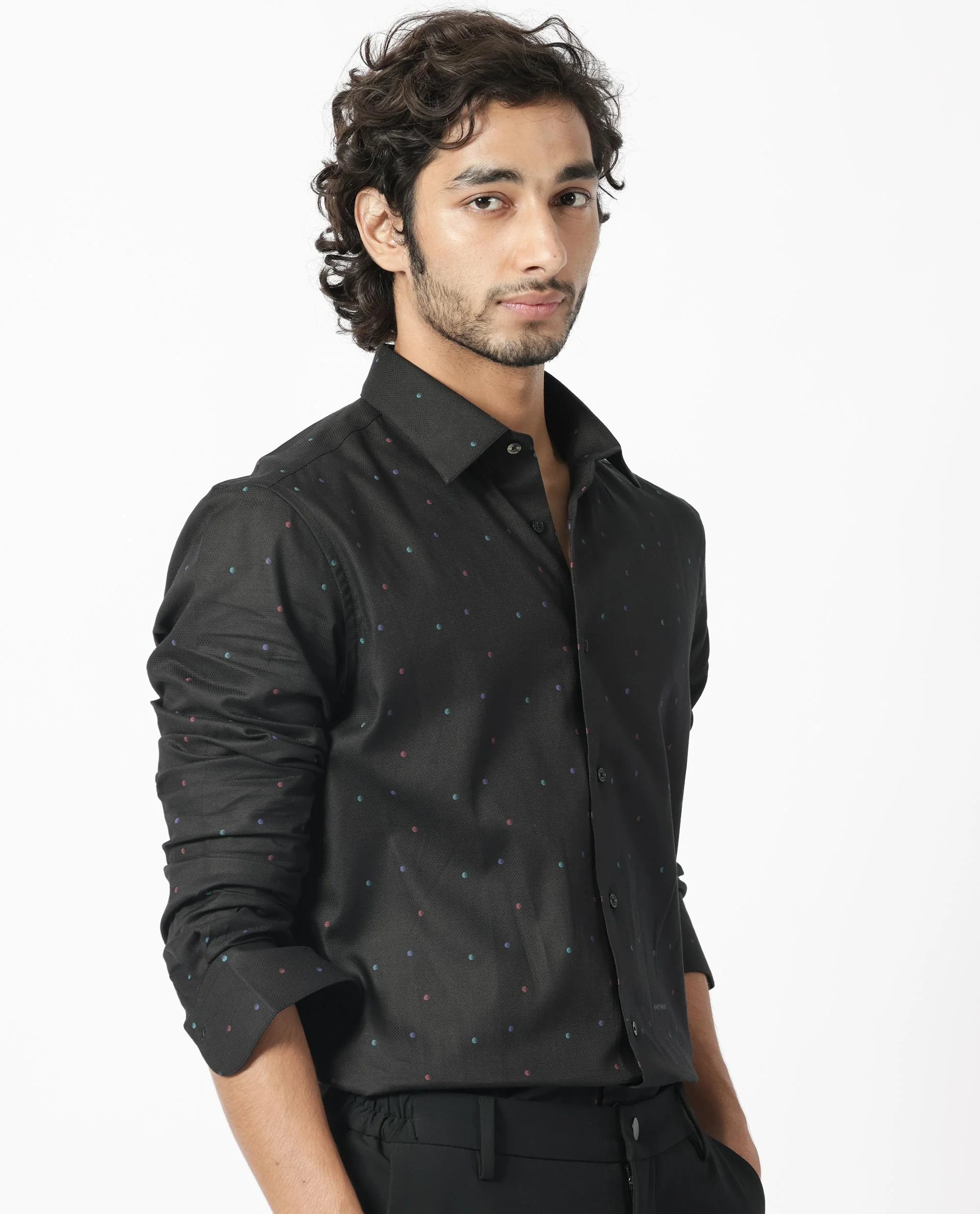 Rare Rabbit Men's Saturns Black Cotton Polka Print Regular Fit Full Sleeve Collared Shirt - Image 8