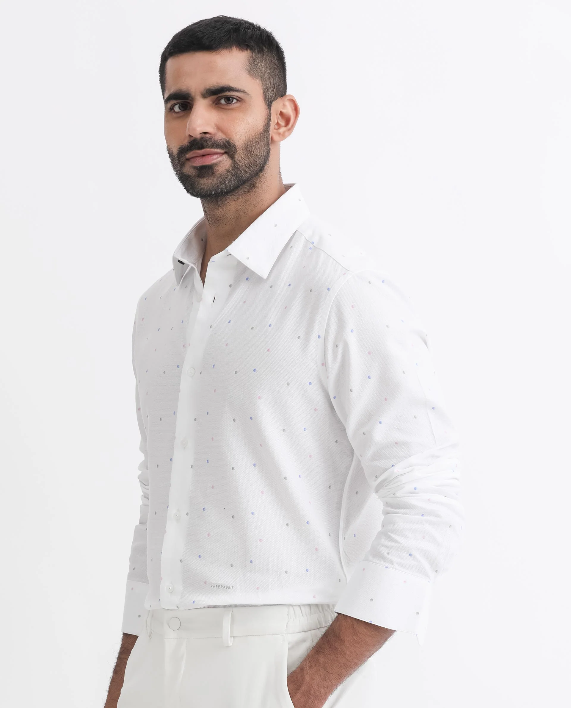 Rare Rabbit Men's Saturns White Cotton Polka Print Regular Fit Full Sleeve Collared Shirt - Image 3