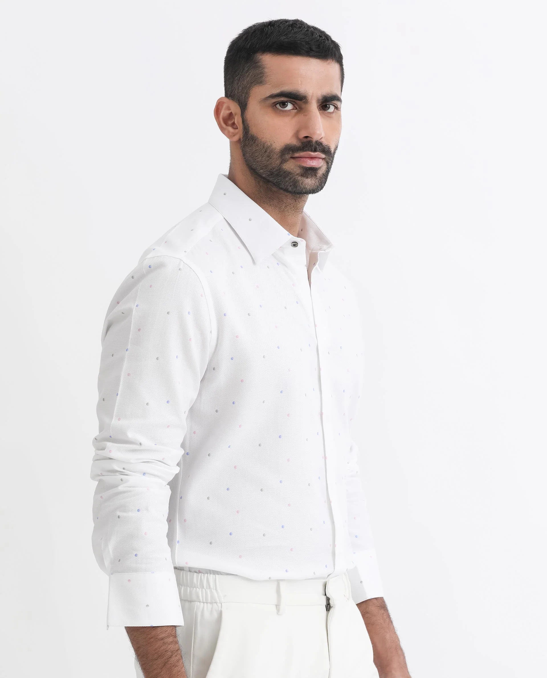 Rare Rabbit Men's Saturns White Cotton Polka Print Regular Fit Full Sleeve Collared Shirt - Image 6