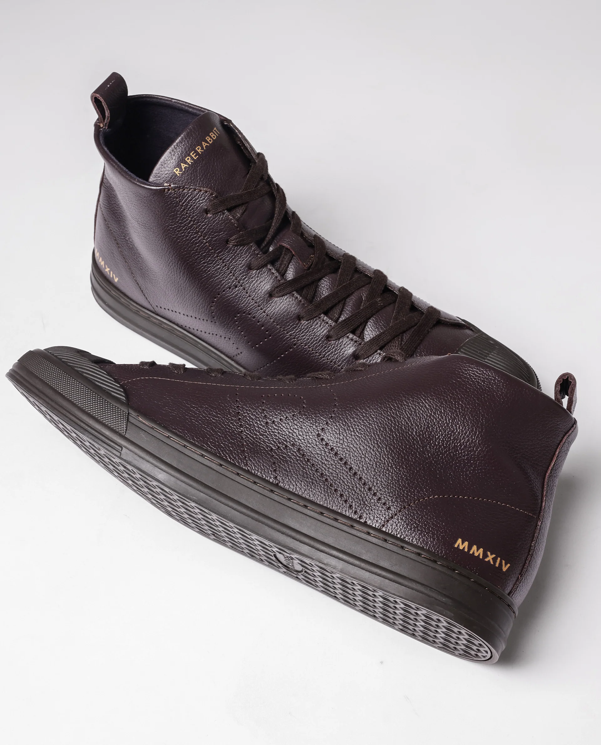 Rare Rabbit Mens Sauron Hi Pro Dark Brown Premium Milled Leather Lace Up High Top Round Toe Sneaker Shoes - Image 2