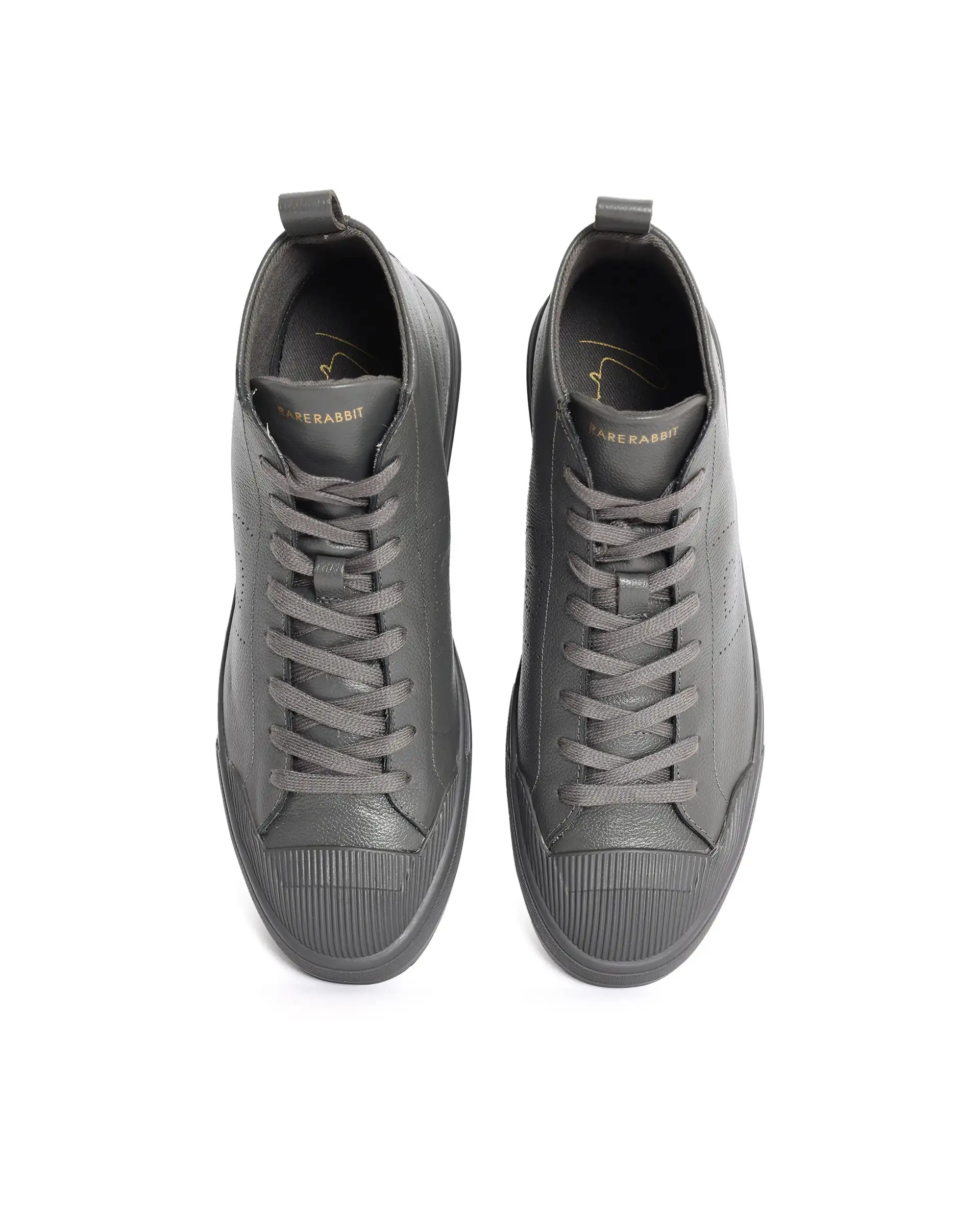 Rare Rabbit Mens Sauron Hi Pro Dark Grey Premium Milled Leather Lace Up High Top Round Toe Sneaker Shoes - Image 4