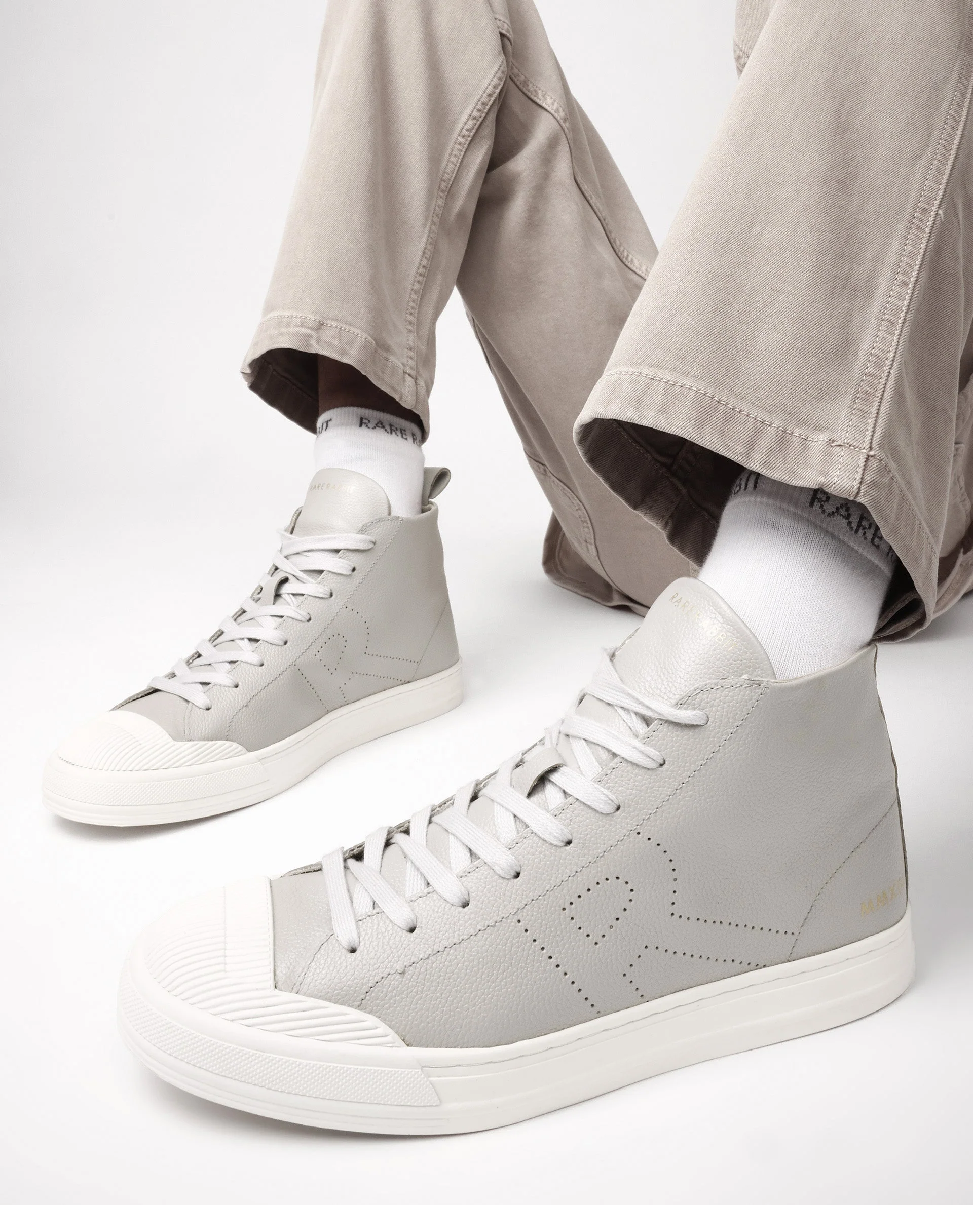 Rare Rabbit Mens Sauron Hi Pro Light Grey Premium Milled Leather Lace Up High Top Round Toe Sneaker Shoes - Image 2