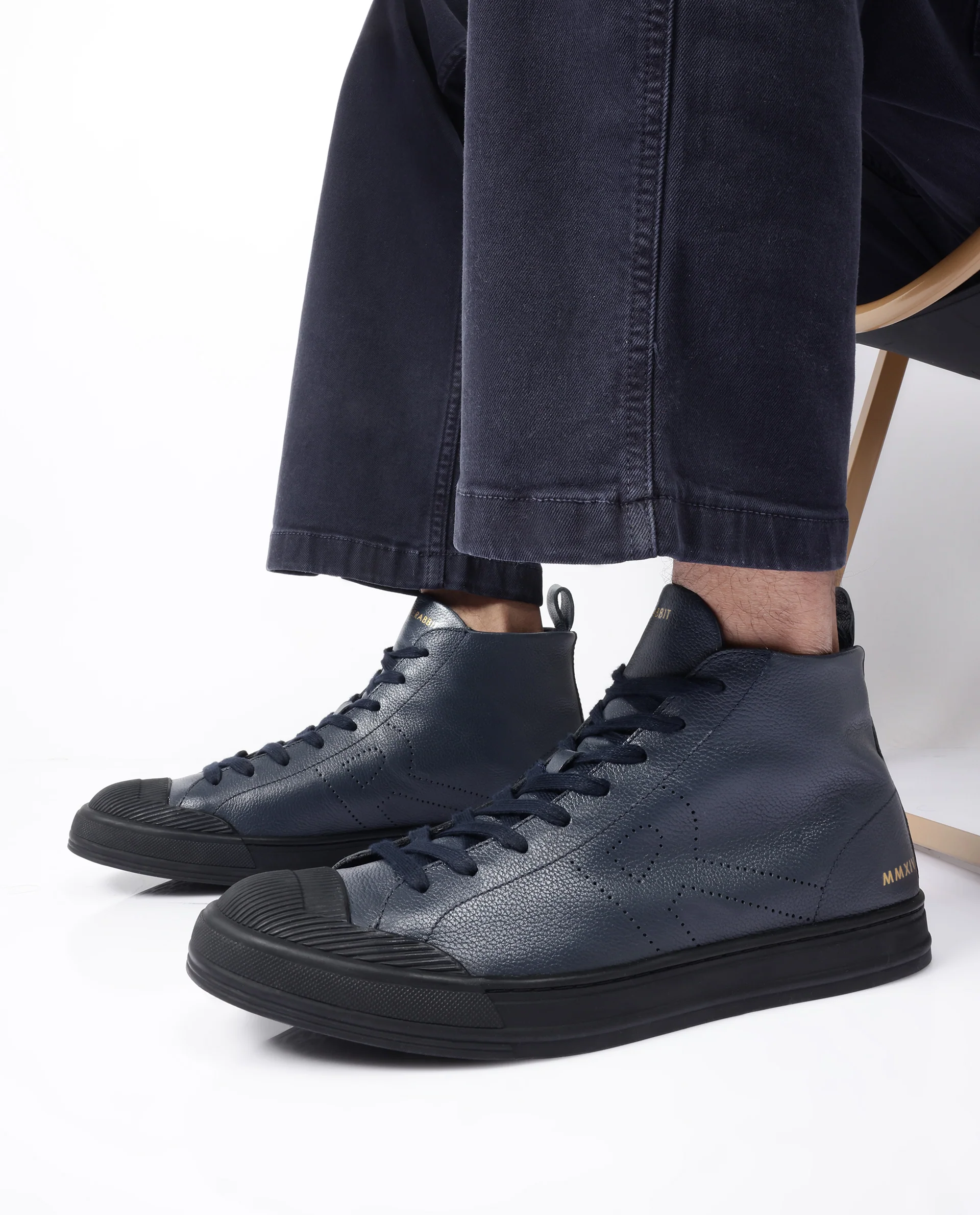 Rare Rabbit Mens Sauron Hi Pro Navy Premium Milled Leather Lace Up High Top Round Toe Sneaker Shoes - Image 2