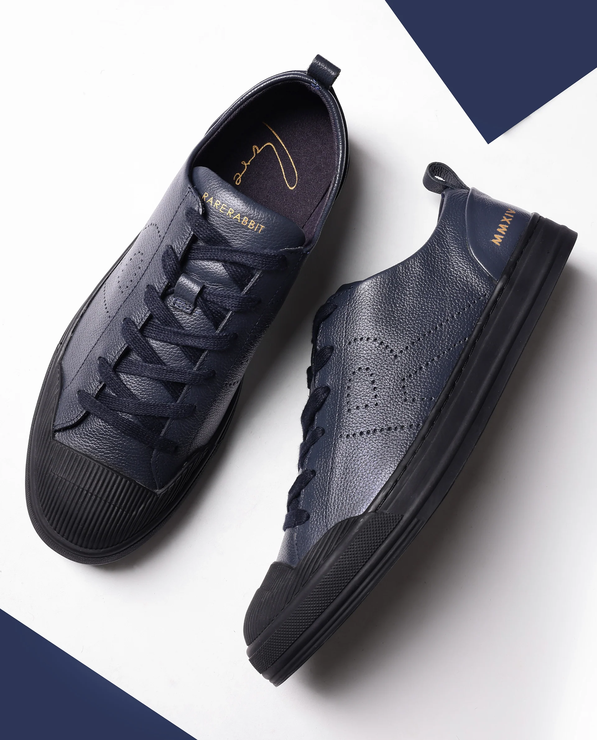 Rare Rabbit Mens Sauron Pro Navy Premium Milled Leather Lace Up Low Top Round Toe Sneaker Shoes - Image 2