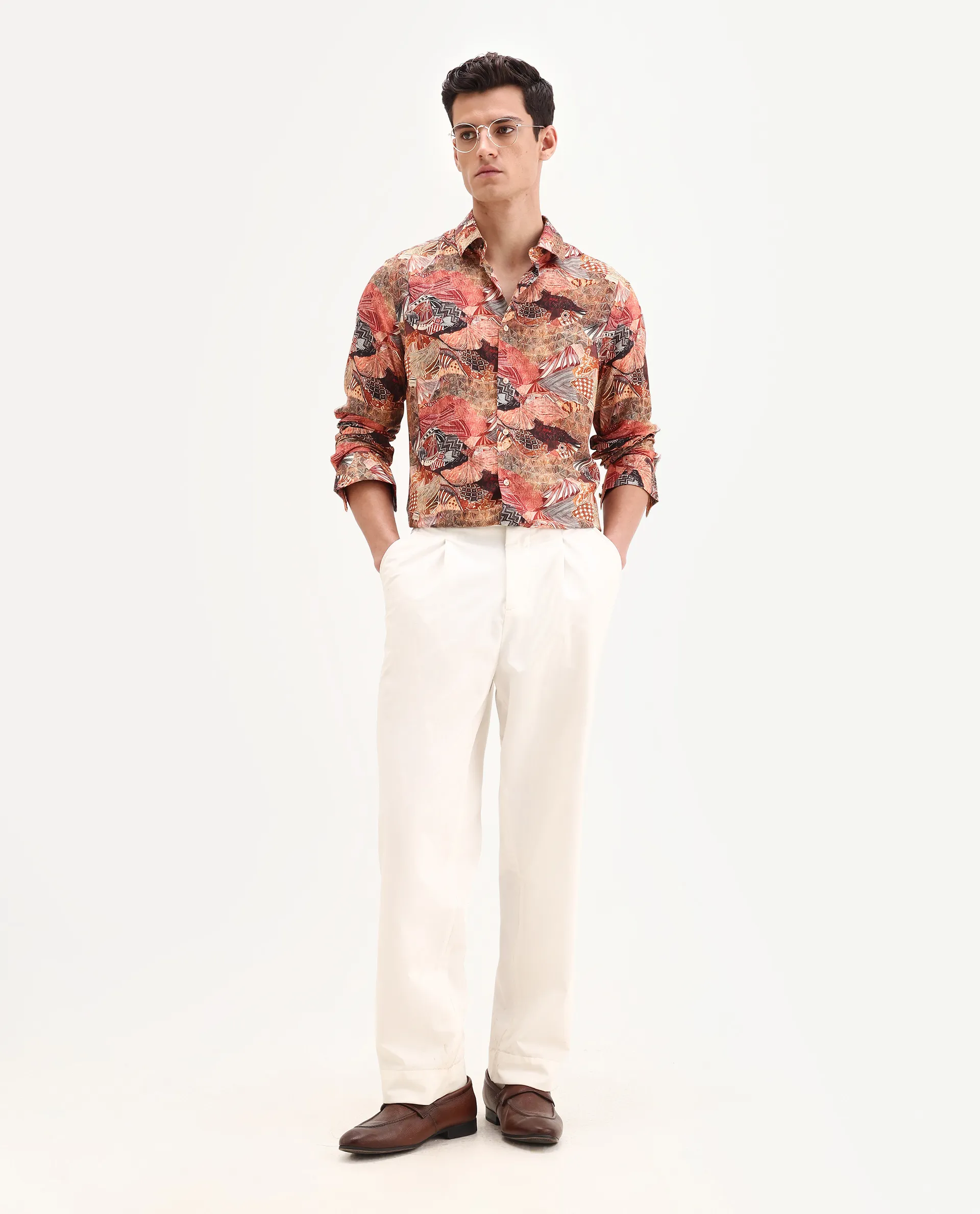 Rare Rabbit Men's Sava Rust Viscose Fabric Collared Neck Regular Fit Abstract Print Shirt - Image 2