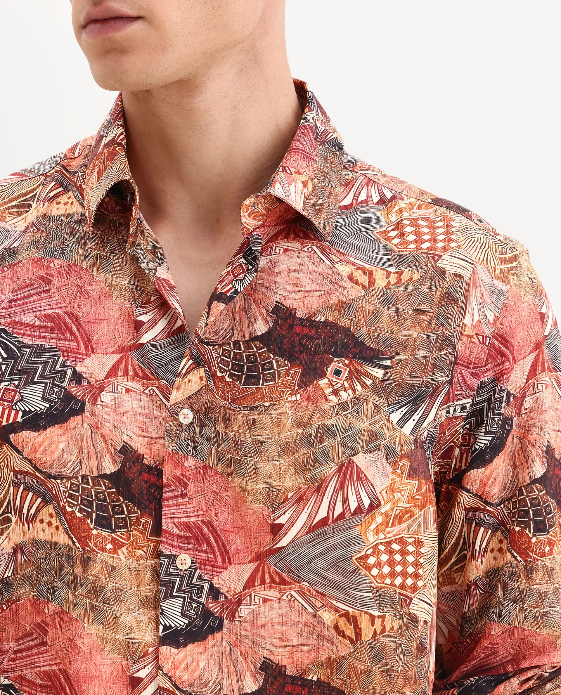 Rare Rabbit Men's Sava Rust Viscose Fabric Collared Neck Regular Fit Abstract Print Shirt - Image 3