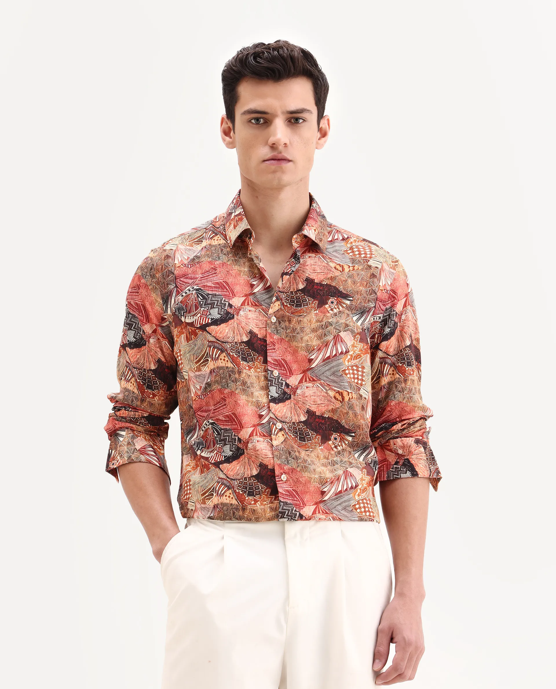 Rare Rabbit Men's Sava Rust Viscose Fabric Collared Neck Regular Fit Abstract Print Shirt - Image 4