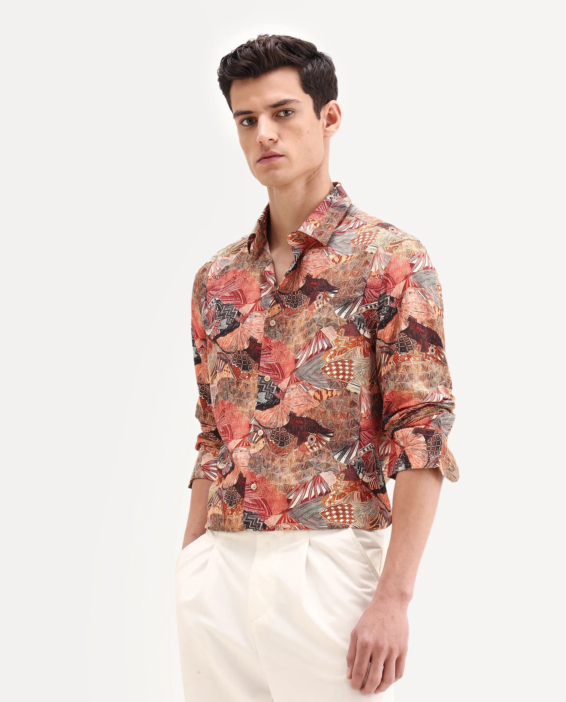Rare Rabbit Men's Sava Rust Viscose Fabric Collared Neck Regular Fit Abstract Print Shirt - Image 5