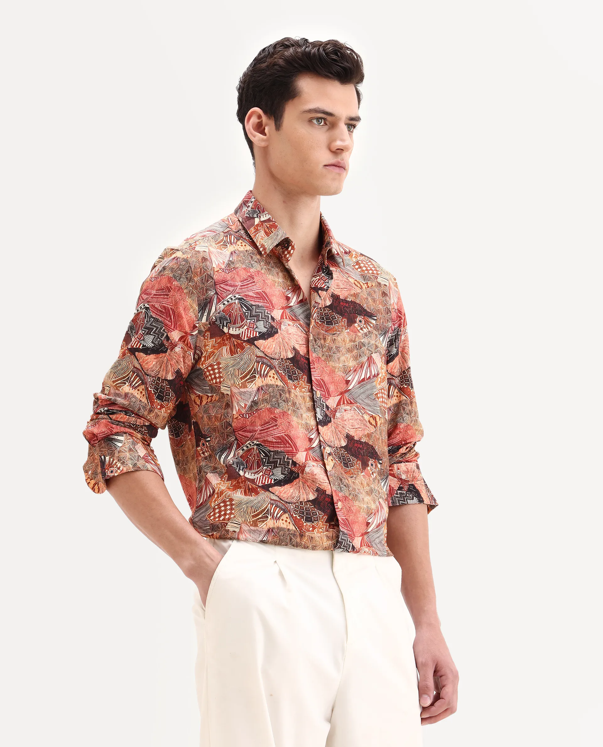Rare Rabbit Men's Sava Rust Viscose Fabric Collared Neck Regular Fit Abstract Print Shirt - Image 6