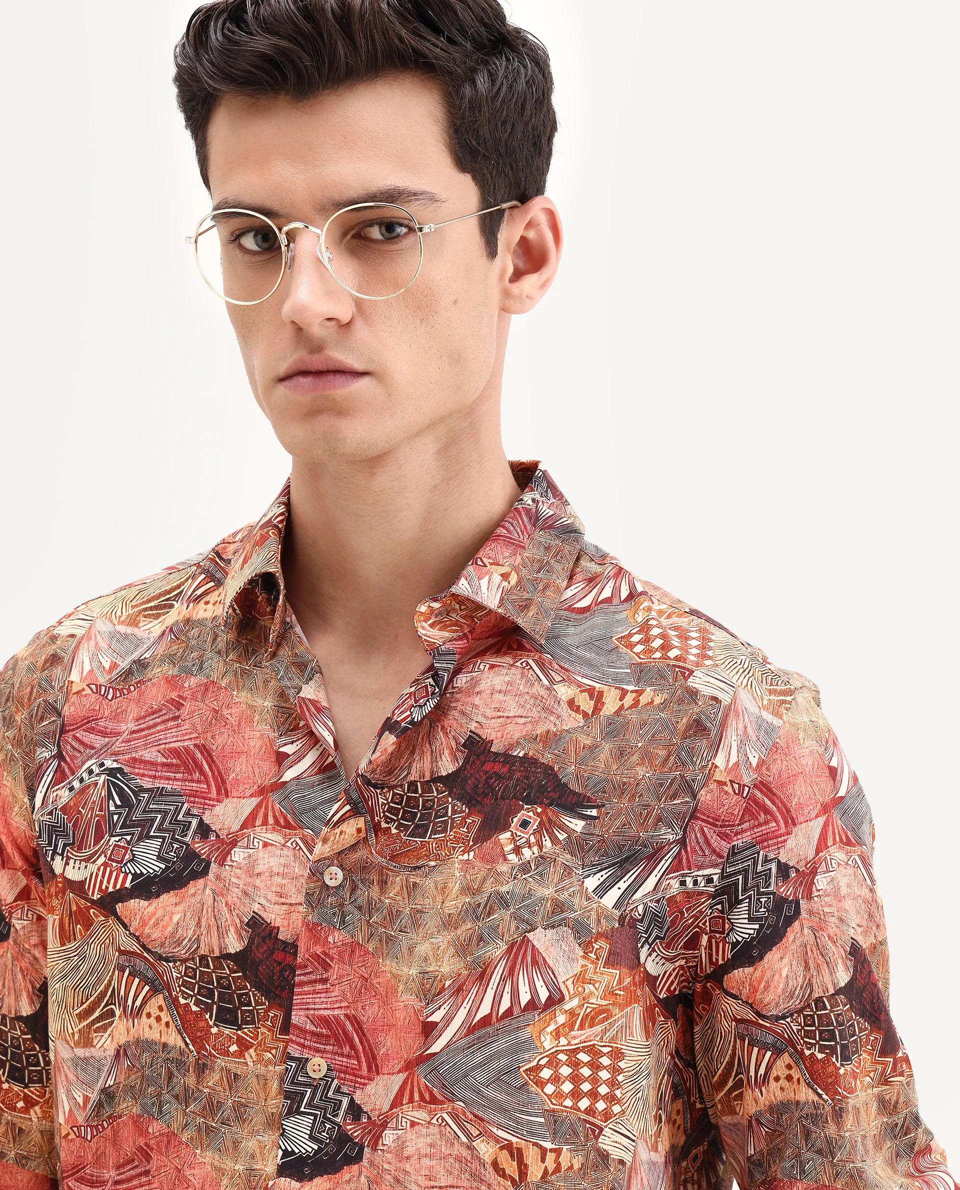 Rare Rabbit Men's Sava Rust Viscose Fabric Collared Neck Regular Fit Abstract Print Shirt - Image 7