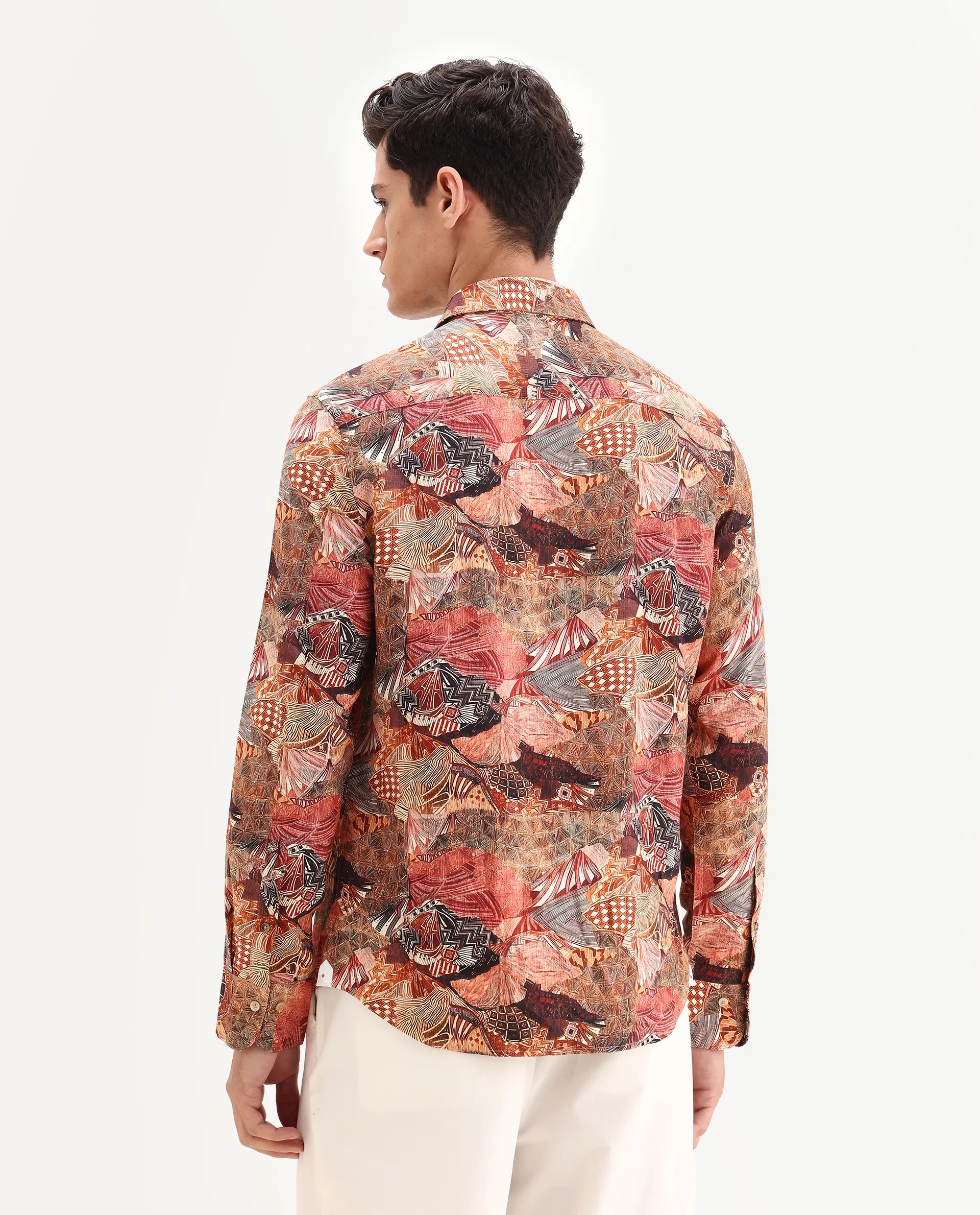 Rare Rabbit Men's Sava Rust Viscose Fabric Collared Neck Regular Fit Abstract Print Shirt - Image 8