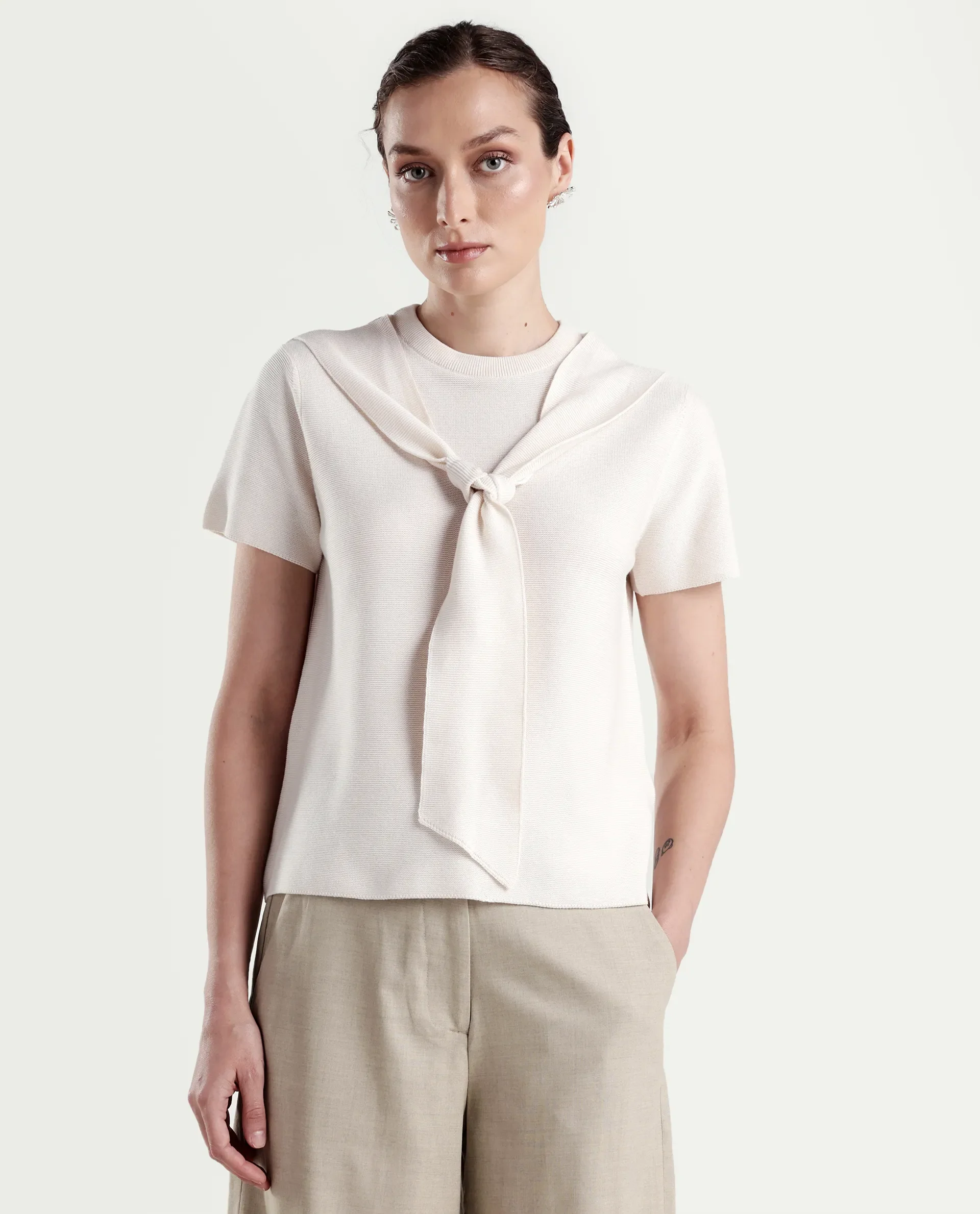 Rareism Women's Sava Off White Cotton Half Sleeve Cowl Neck Regular Fit Plain Top - Image 3