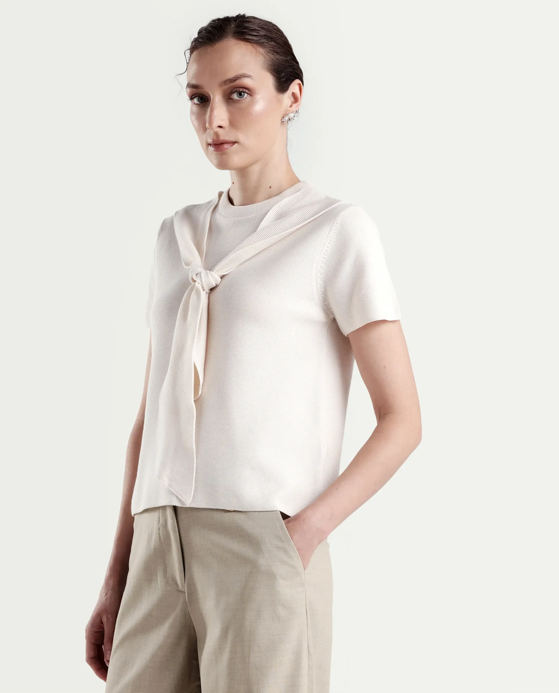 Rareism Women's Sava Off White Cotton Half Sleeve Cowl Neck Regular Fit Plain Top - Image 5