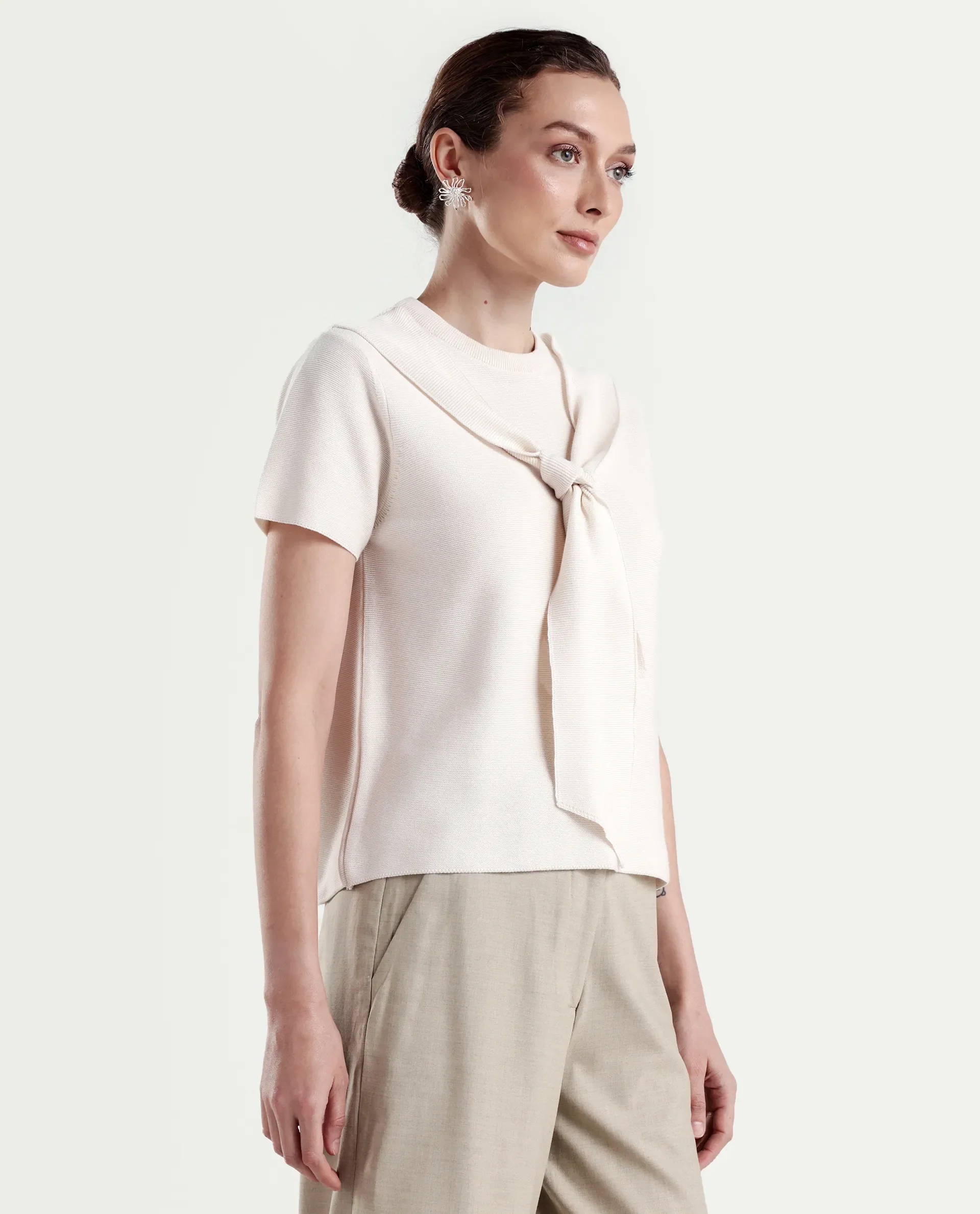 Rareism Women's Sava Off White Cotton Half Sleeve Cowl Neck Regular Fit Plain Top - Image 6