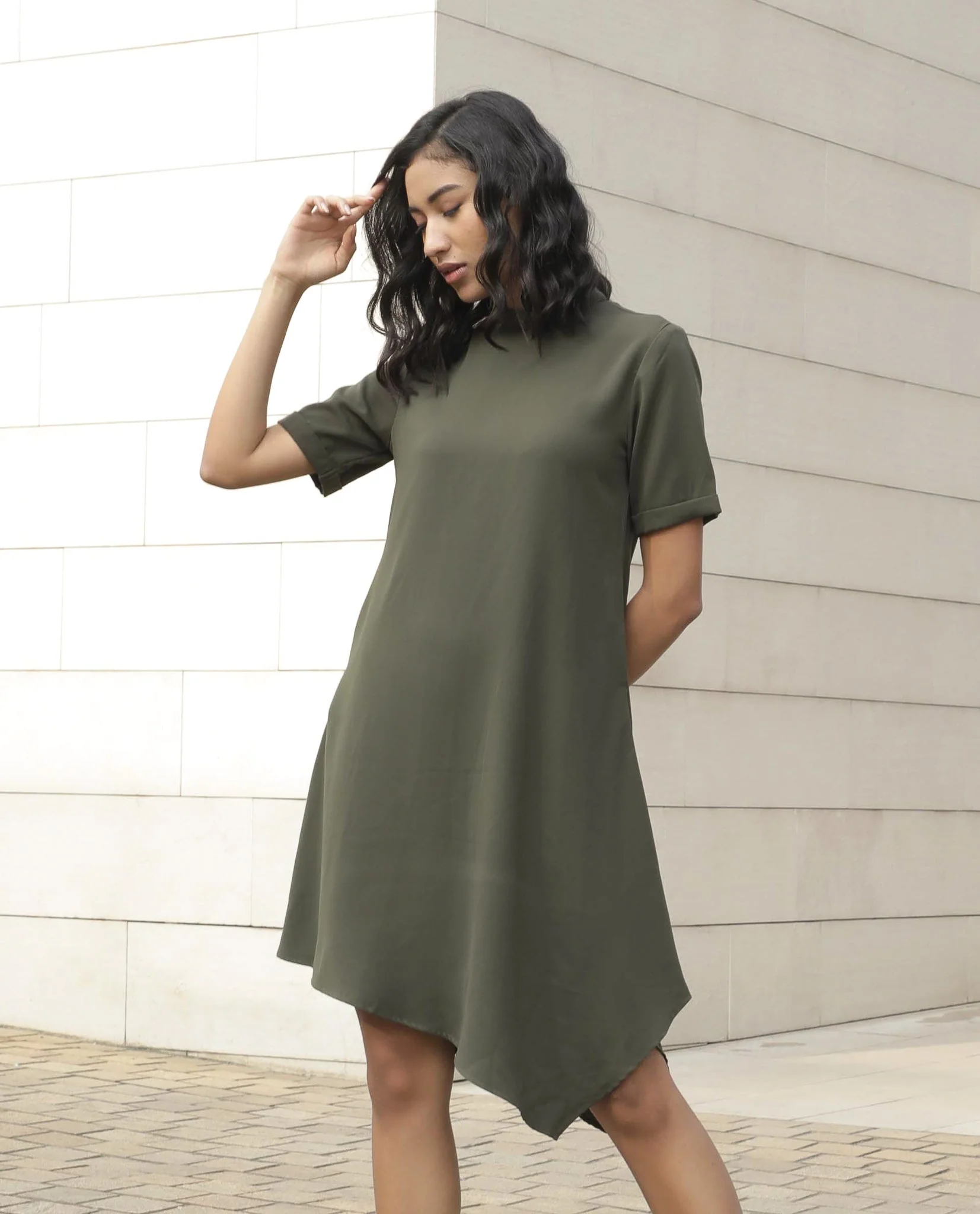 Rareism Women Savce Green Dress Short Sleeves Solid