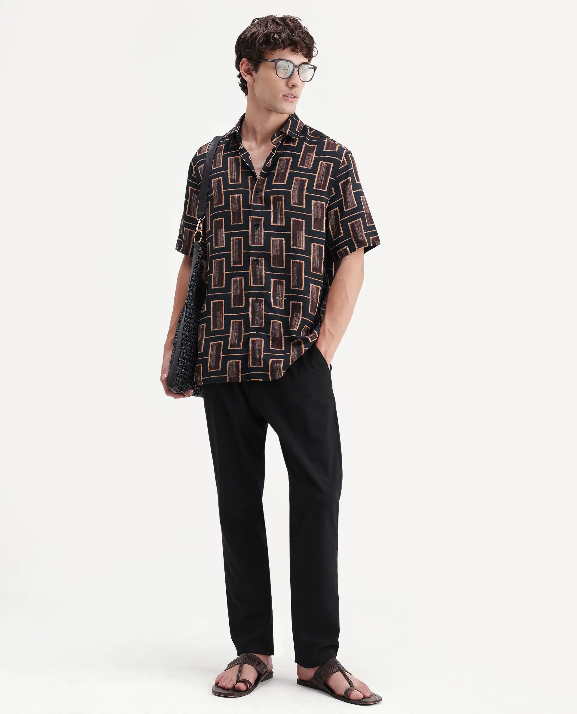 Rare Rabbit Men's Savi Black Viscose Fabric Half Sleeve Spread Collar Regular Geometric Print Shirt - Image 2