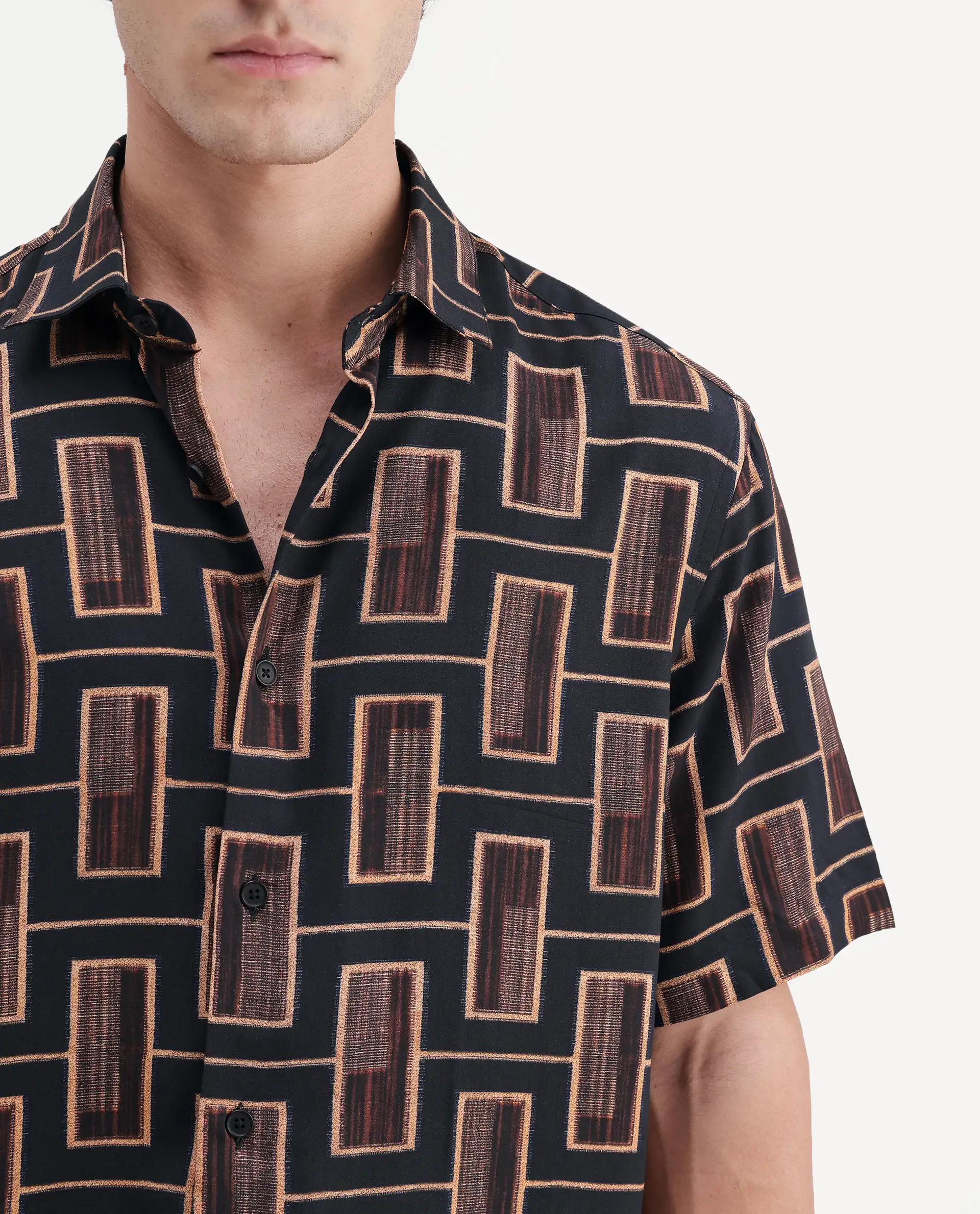 Rare Rabbit Men's Savi Black Viscose Fabric Half Sleeve Spread Collar Regular Geometric Print Shirt - Image 3