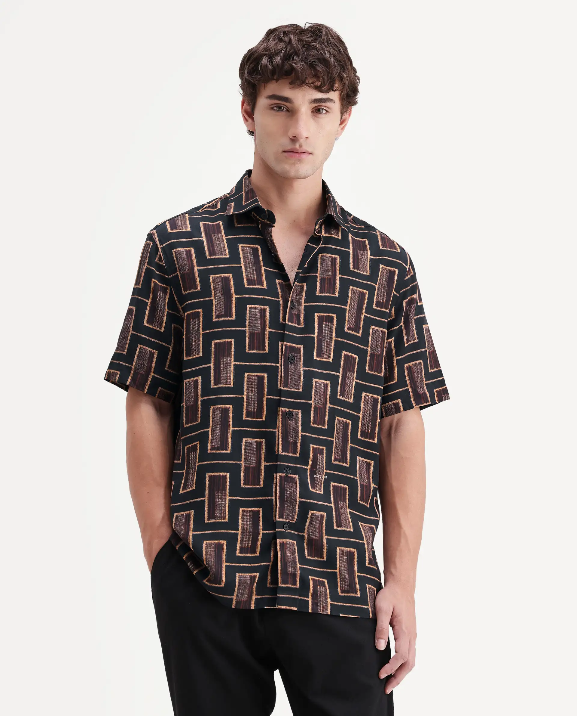 Rare Rabbit Men's Savi Black Viscose Fabric Half Sleeve Spread Collar Regular Geometric Print Shirt - Image 4
