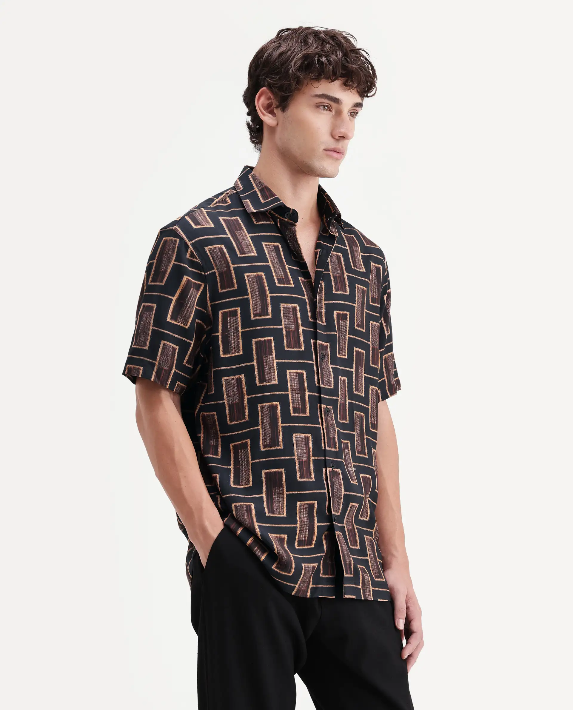 Rare Rabbit Men's Savi Black Viscose Fabric Half Sleeve Spread Collar Regular Geometric Print Shirt - Image 5