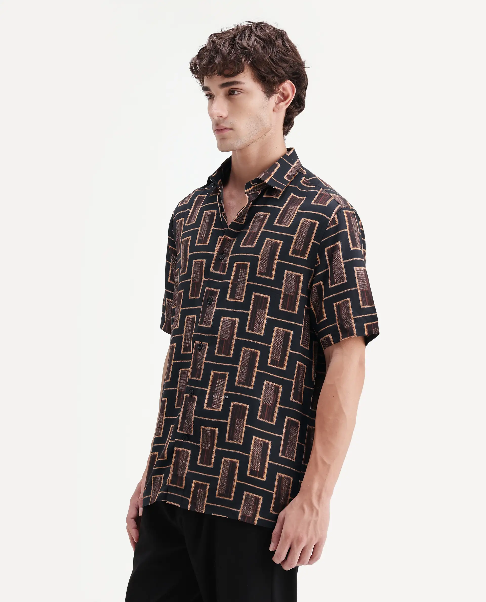 Rare Rabbit Men's Savi Black Viscose Fabric Half Sleeve Spread Collar Regular Geometric Print Shirt - Image 6