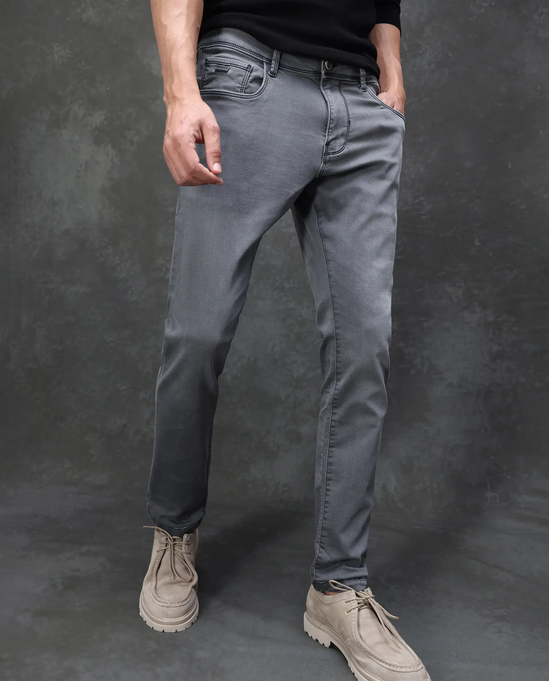 Rare Rabbit Men's Savoy Light Grey Cotton Blend Plain Hawk Slim Fit Jeans - Image 2