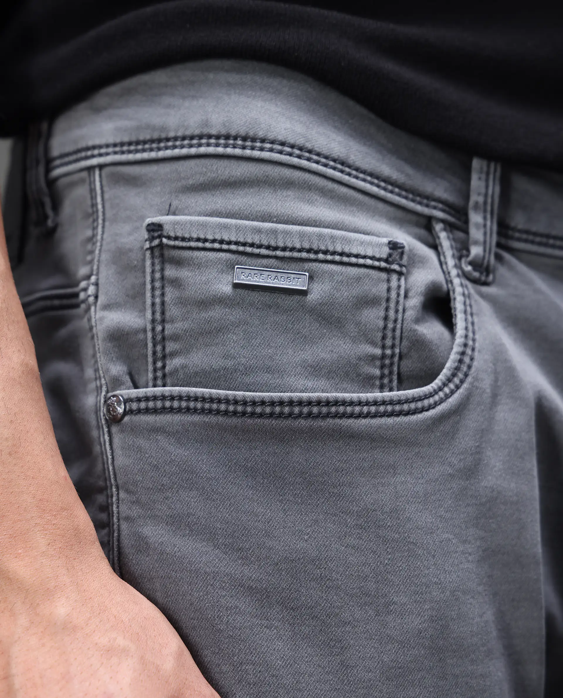 Rare Rabbit Men's Savoy Light Grey Cotton Blend Plain Hawk Slim Fit Jeans - Image 3
