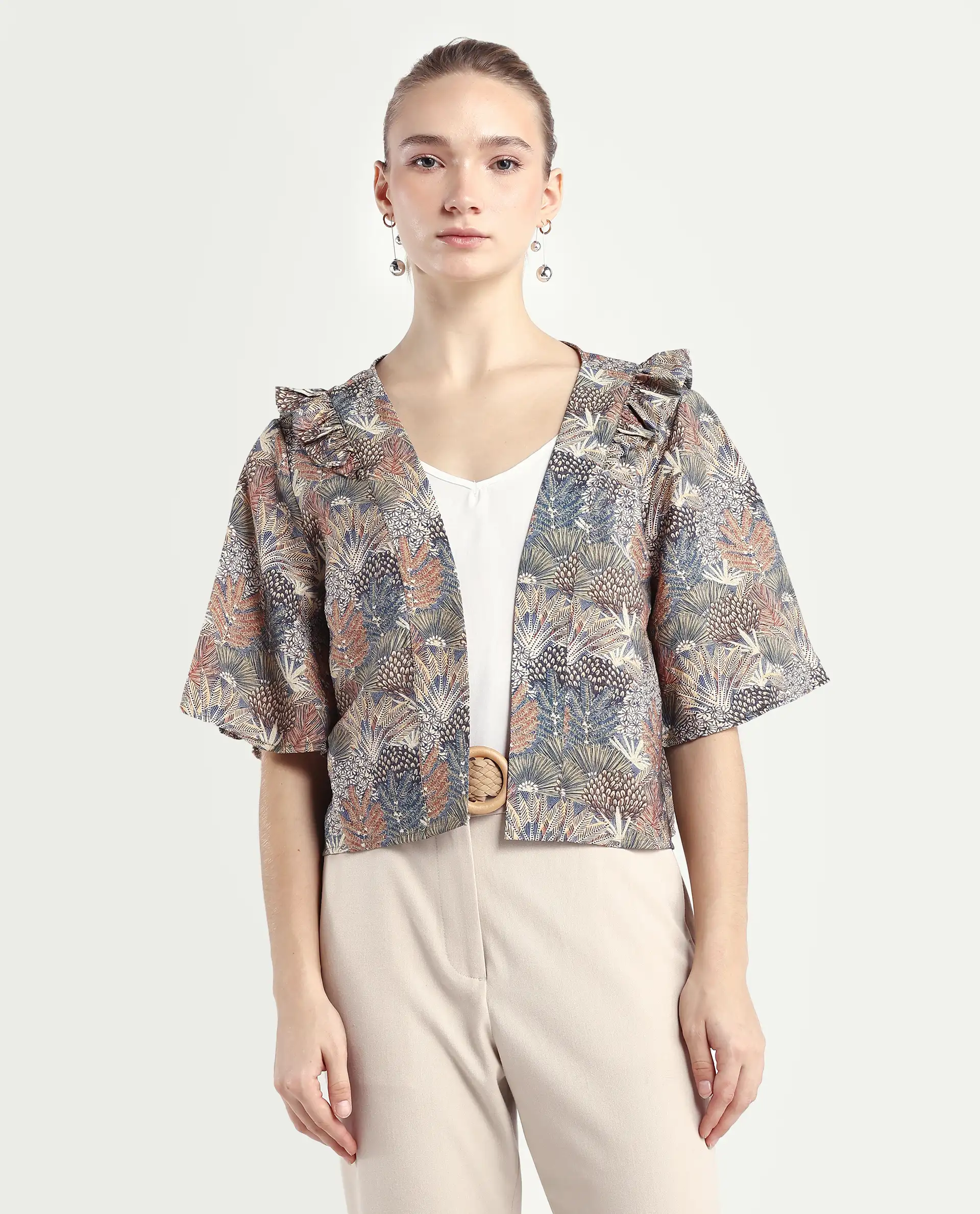 Rareism Women's Savri Dark Multi Nylon Blend Shawl Collar Botanical Print Bell Sleeve Relaxed Fit Shrug - Image 3
