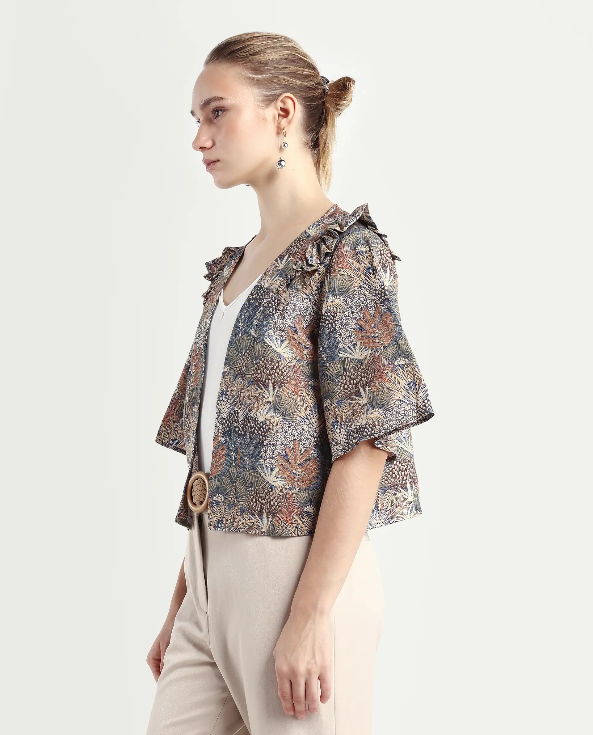 Rareism Women's Savri Dark Multi Nylon Blend Shawl Collar Botanical Print Bell Sleeve Relaxed Fit Shrug - Image 5
