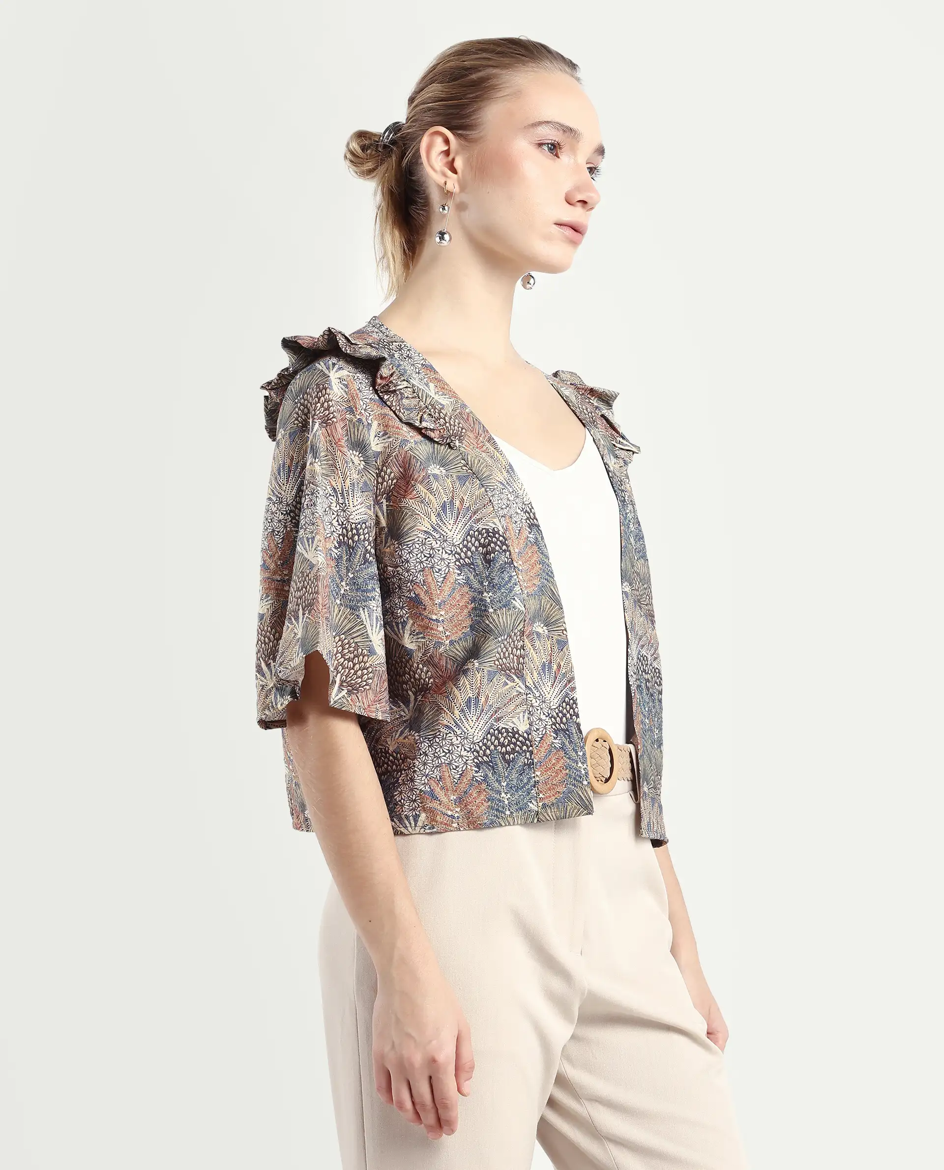 Rareism Women's Savri Dark Multi Nylon Blend Shawl Collar Botanical Print Bell Sleeve Relaxed Fit Shrug - Image 6