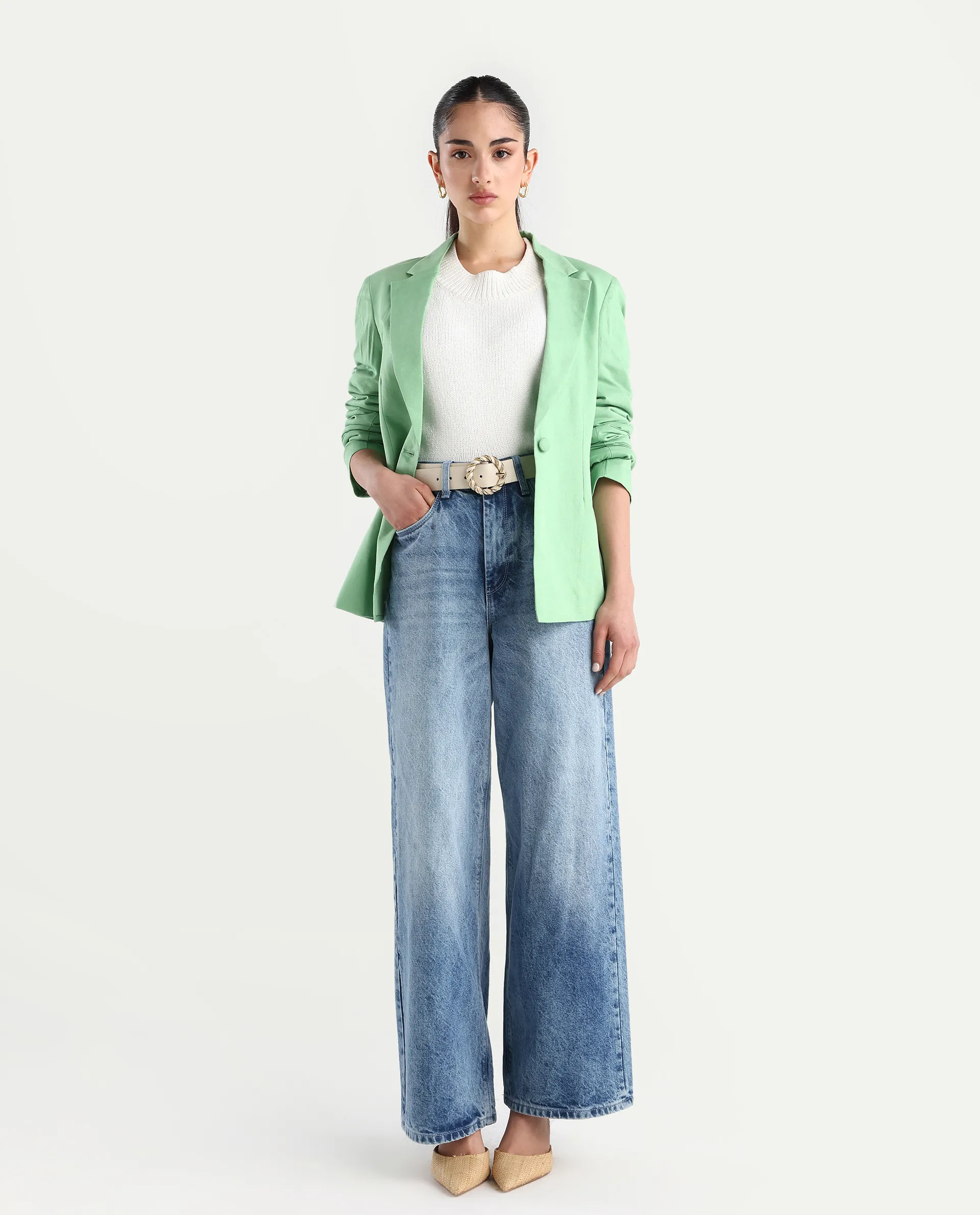 Rareism Women's Savriko Green Linen Lapel Neck Plain Regular Fit Blazer - Image 2