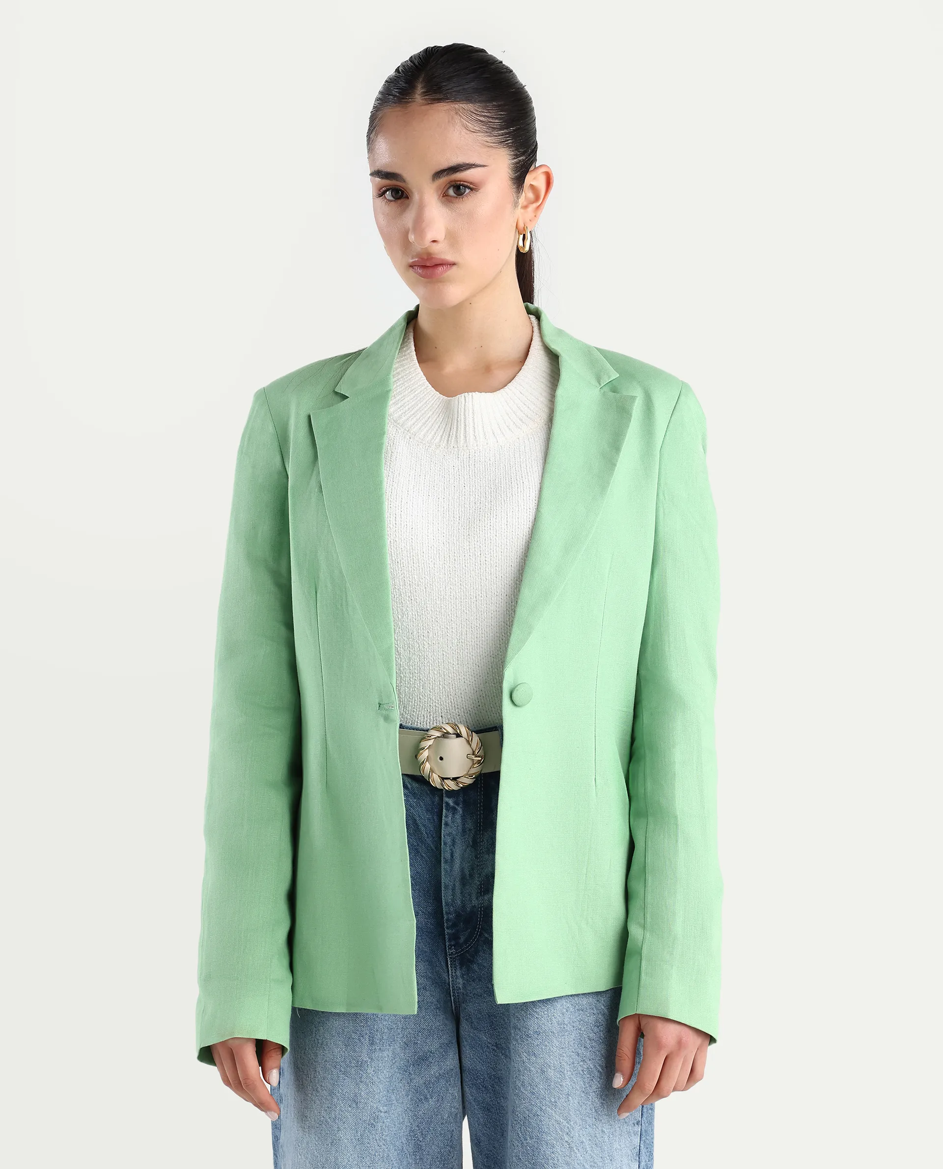 Rareism Women's Savriko Green Linen Lapel Neck Plain Regular Fit Blazer - Image 3