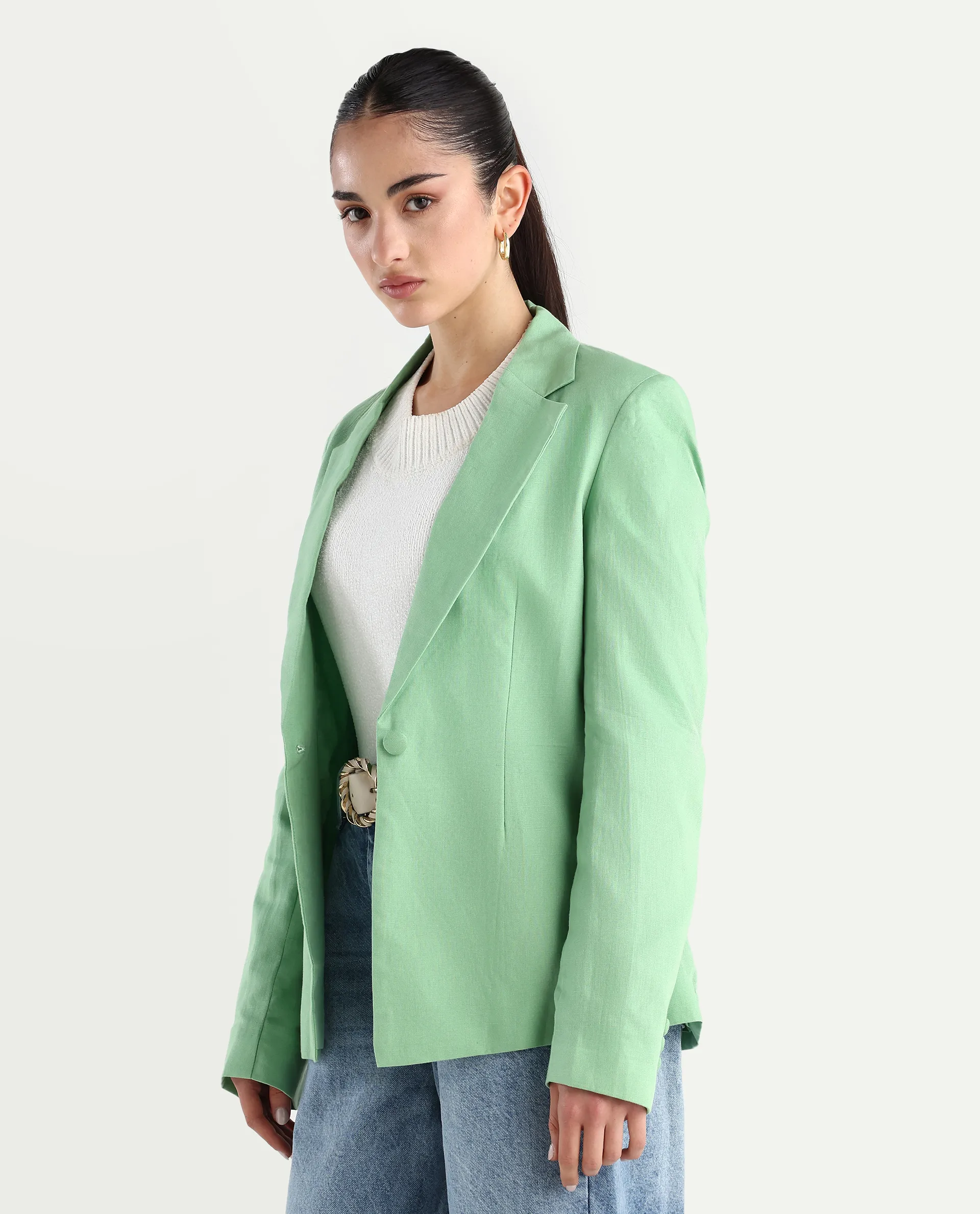 Rareism Women's Savriko Green Linen Lapel Neck Plain Regular Fit Blazer - Image 5